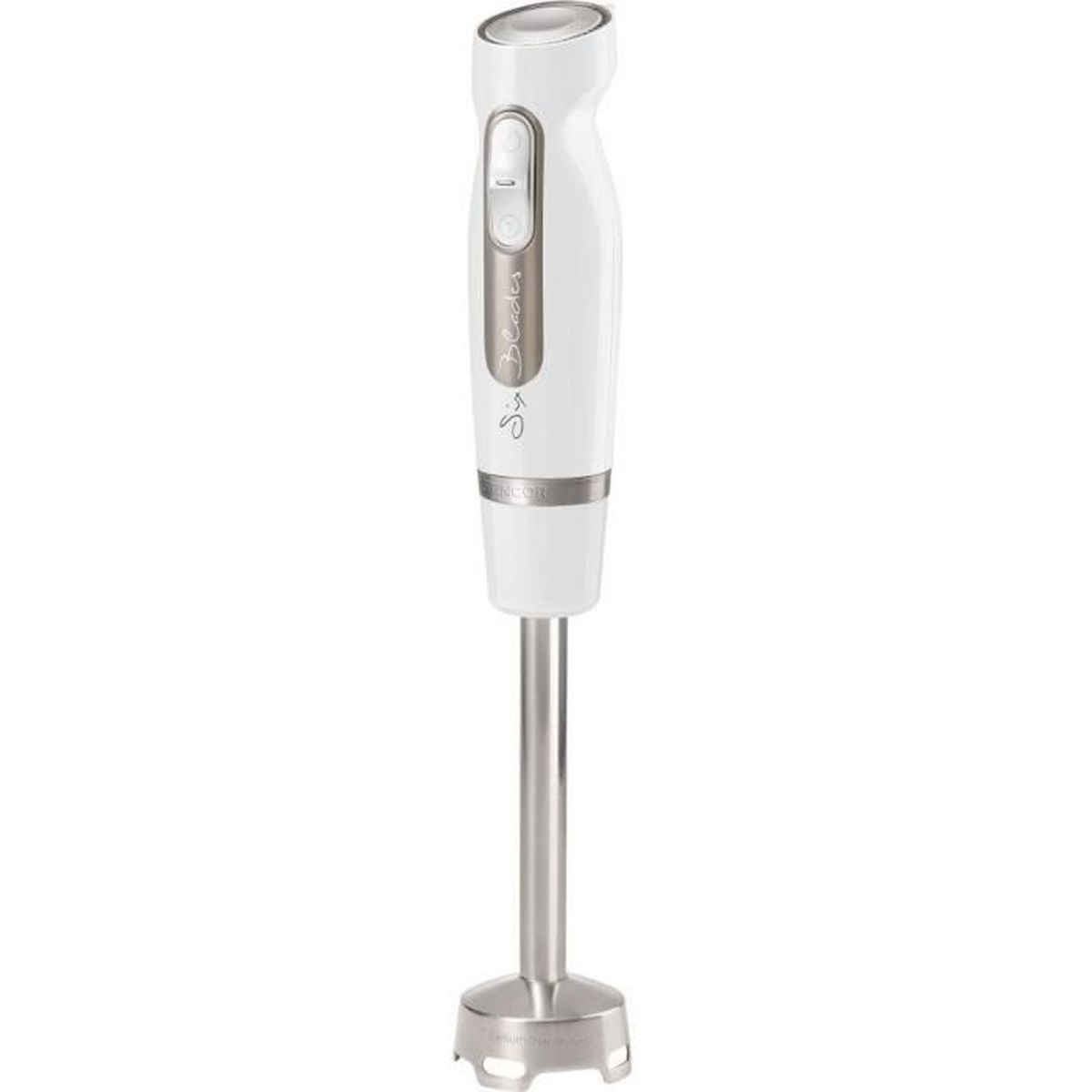 Biały blender ręczny z trzonkiem ze stali nierdzewnej i przyciskami na białym tle.