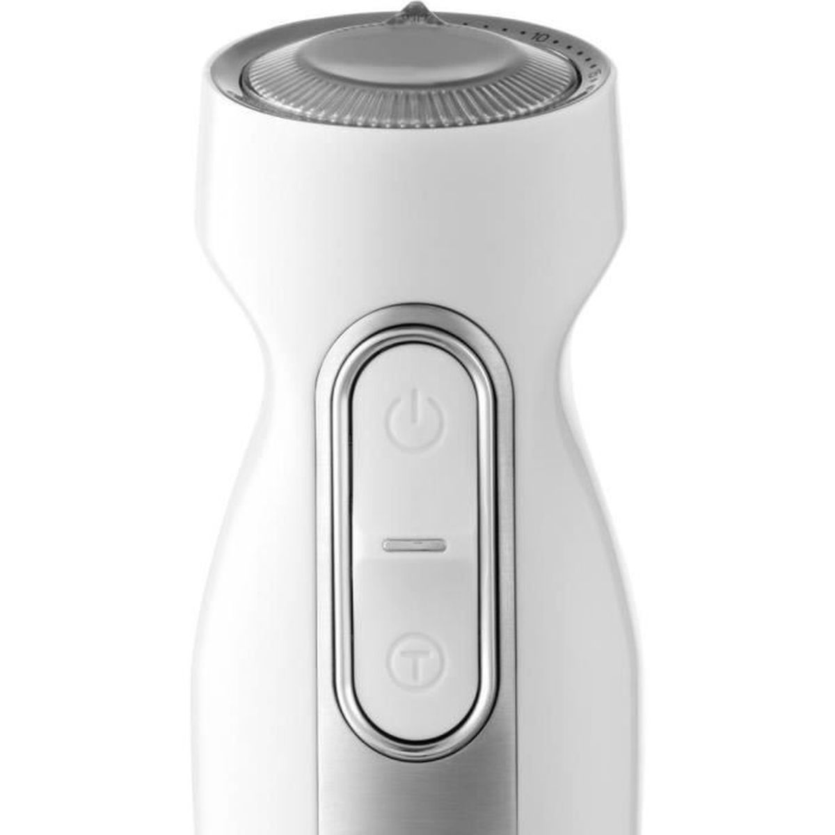 Biały blender ręczny ze srebrnym panelem, przyciskami i pokrętłem.