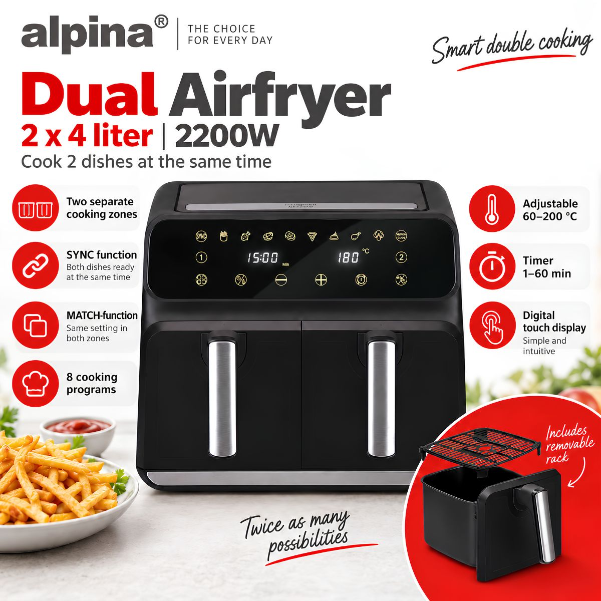 Alpina Dual Airfryer with two zones, digital display and feature text in corners.