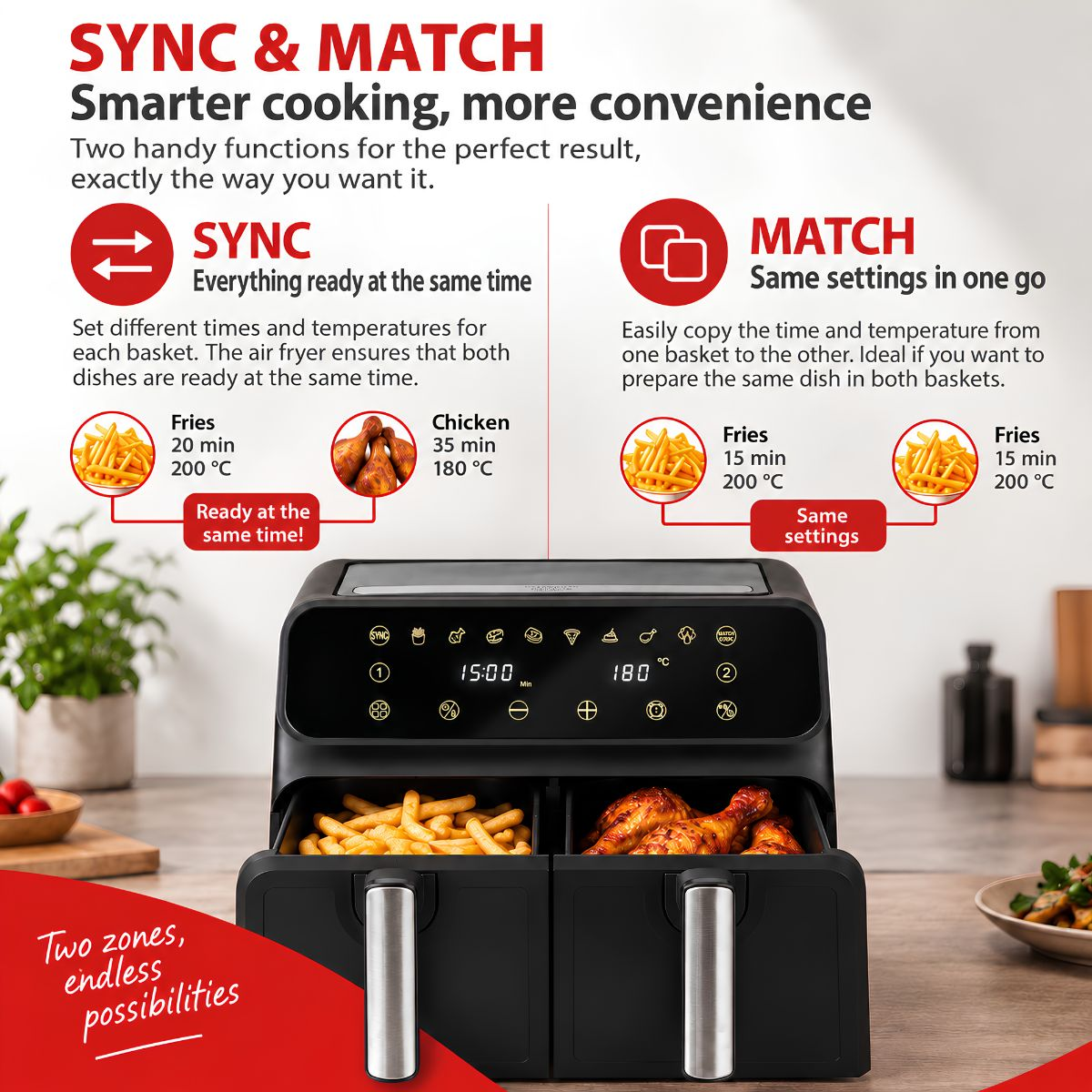 Dual-basket air fryer with digital display showing fries, chicken, and sync and match functions.