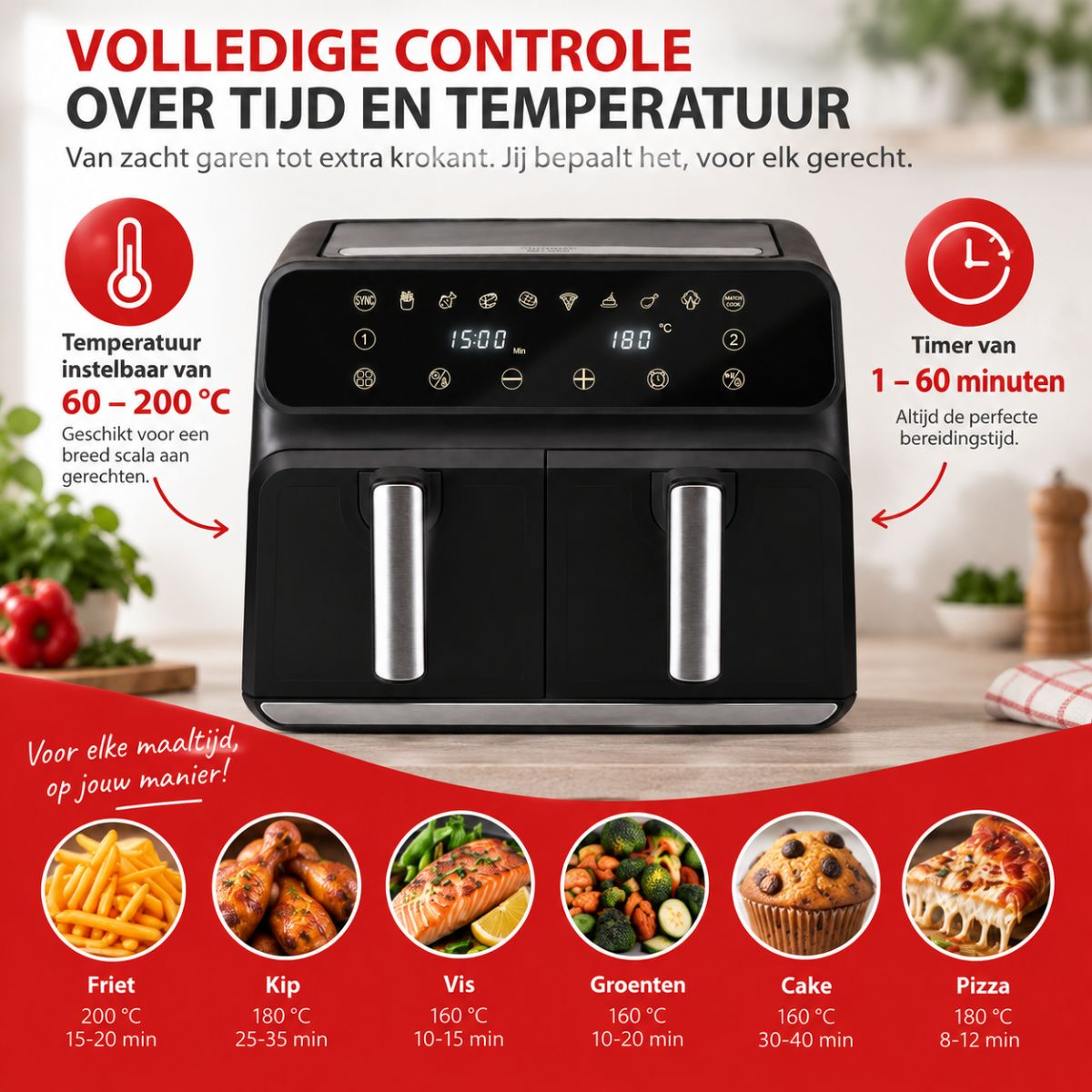 Black dual-basket air fryer with digital display and food icons, shown against a kitchen background with red text.