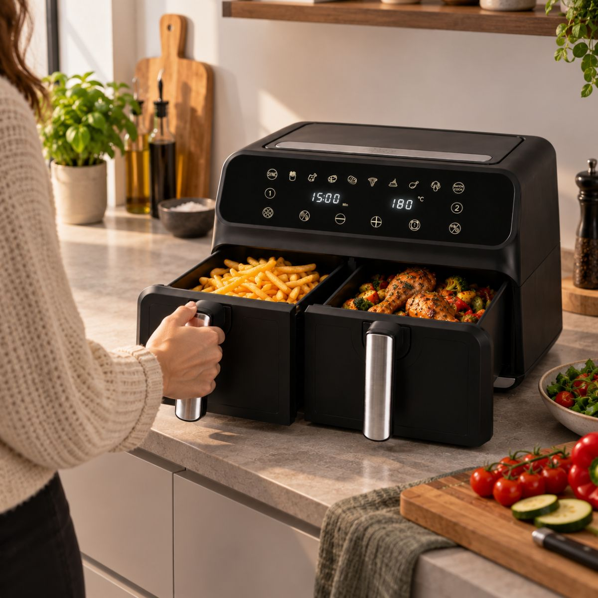 A woman pulls out a drawer of a modern black air fryer with fries on a kitchen counter.