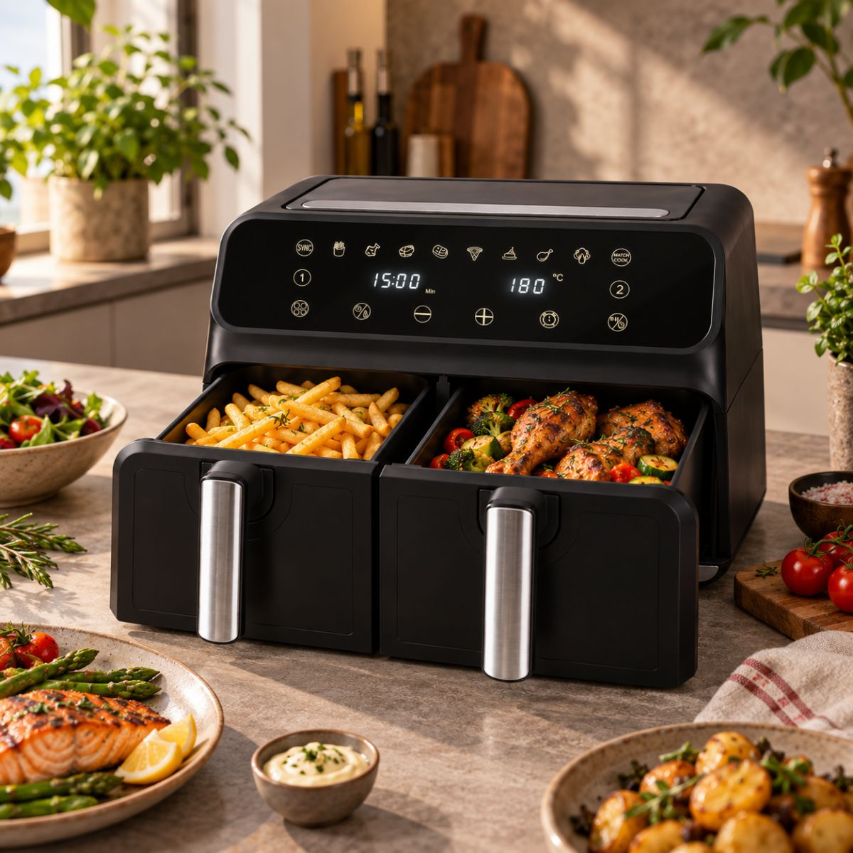 A dual-basket black air fryer filled with fries and chicken stands on a kitchen counter surrounded by food.