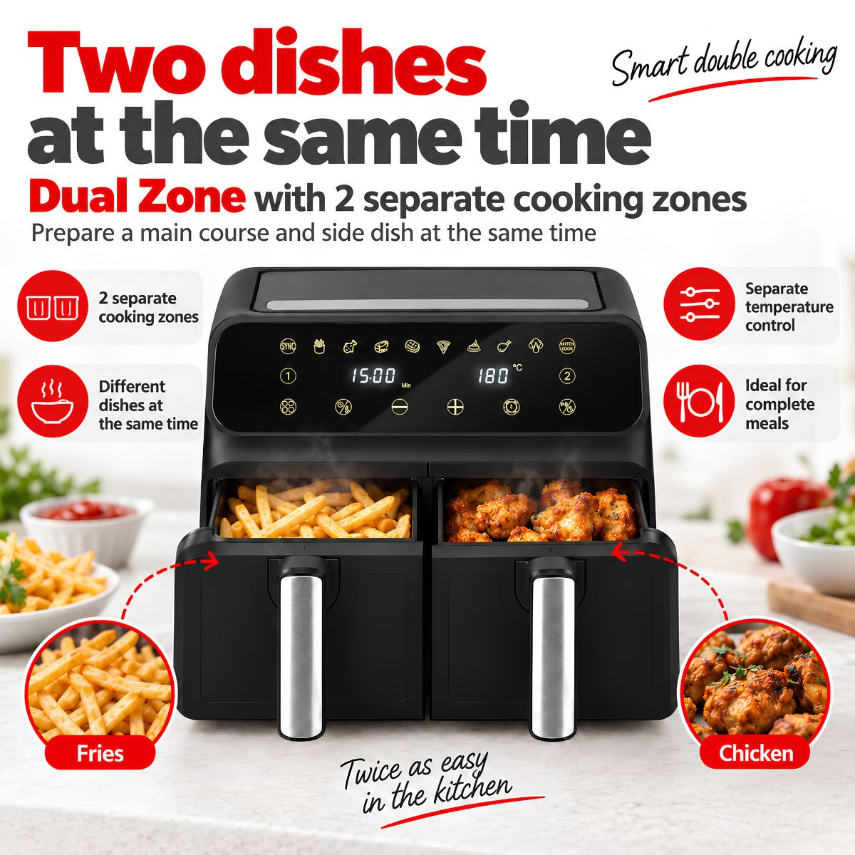 A black dual-zone air fryer cooking fries and chicken simultaneously, with text highlights and feature icons.