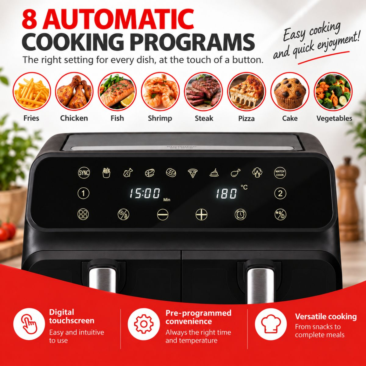 A black air fryer with a digital touch panel and eight automatic cooking programs shown above.
