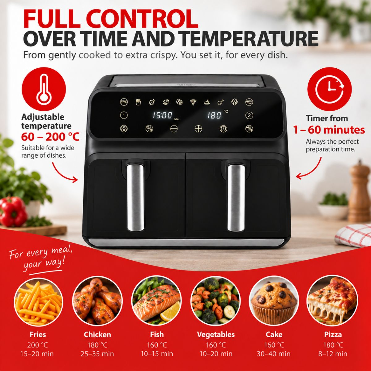 Black dual-basket air fryer with digital display and food icons on a wooden countertop.