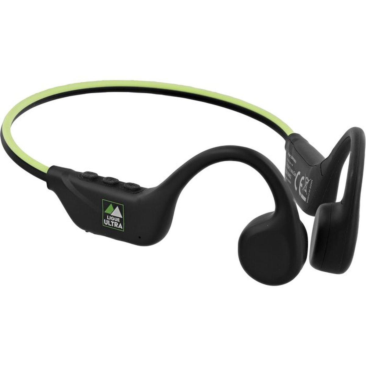 Cuffie a conduzione ossea nere con archetto verde e logo LIGUE ULTRA.