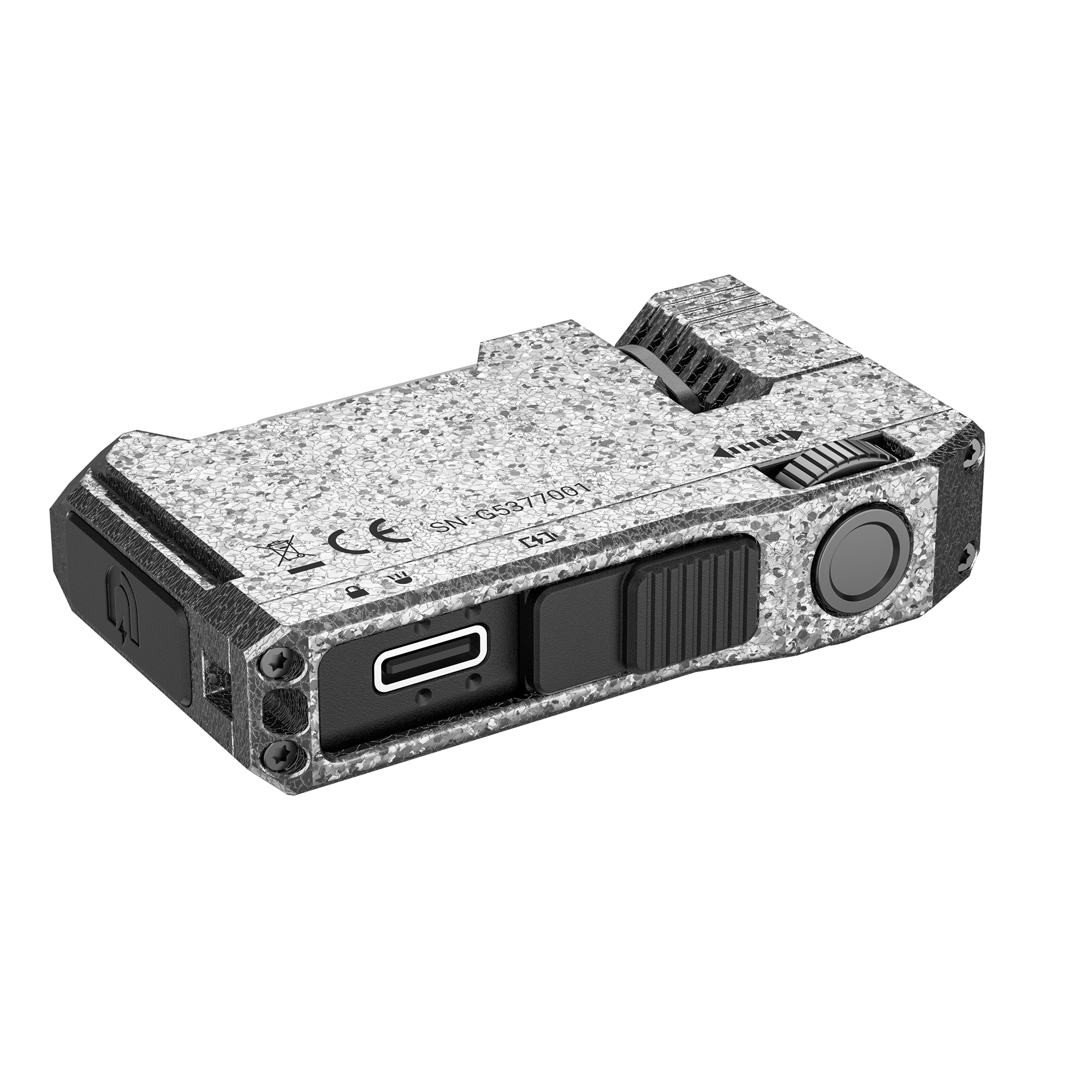 Ein graues, gesprenkeltes technisches Gerät mit USB-C-Anschluss, Knöpfen und Rädchen auf weißem Hintergrund.