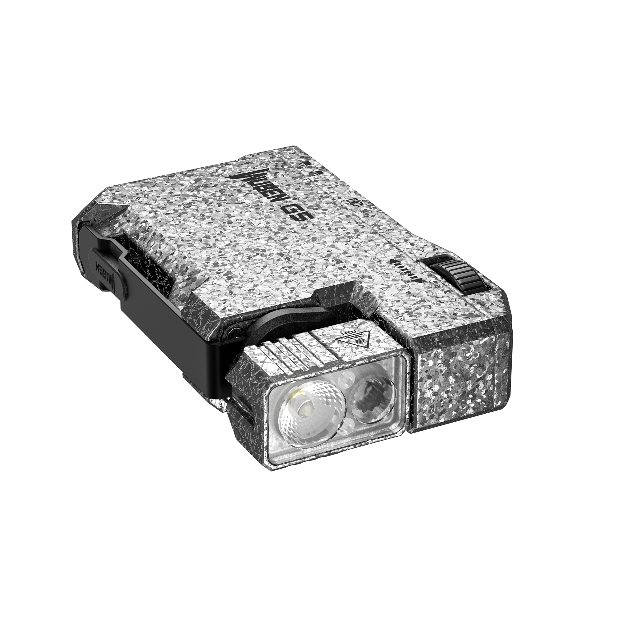 Grau-weißes, kompaktes elektronisches Gerät mit schwarzem Clip und LED-Licht auf weißem Hintergrund.
