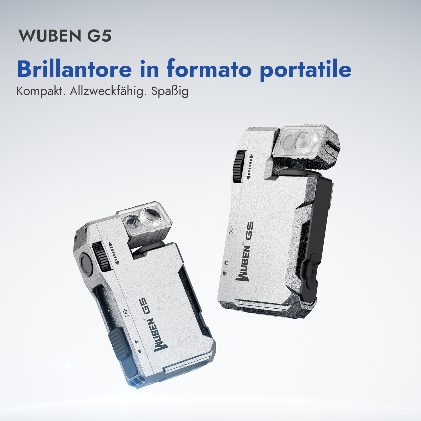 Zwei silberne Wuben G5 Taschenlampen vor hellem Hintergrund mit Text.