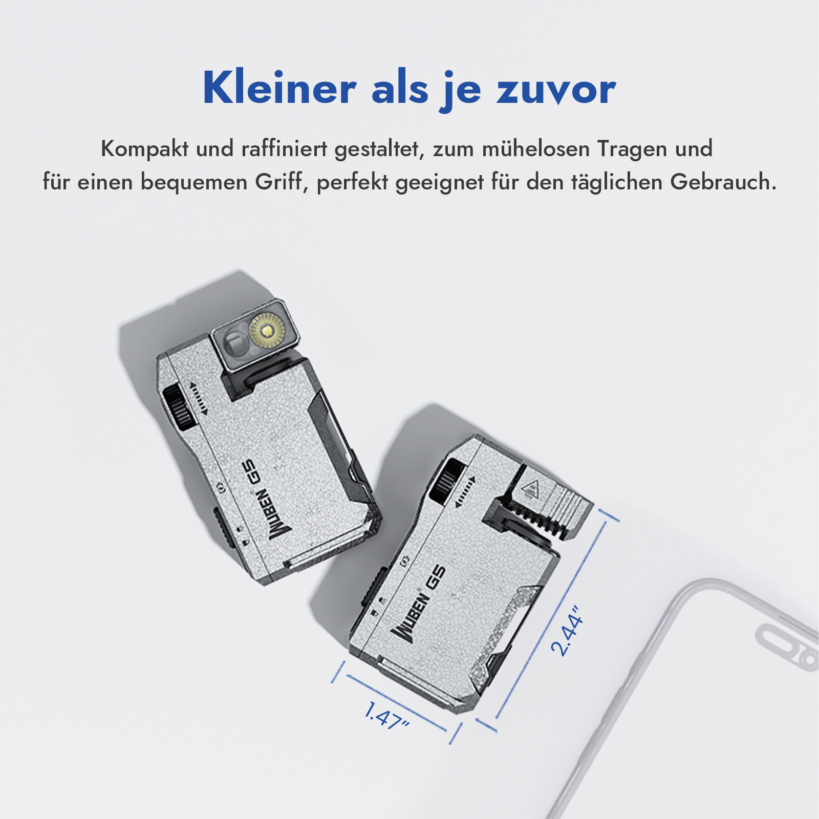 Zwei kleine silberne Wuben G5 EDC-Taschenlampen auf hellem Untergrund mit Maßangaben und deutschem Werbetext.