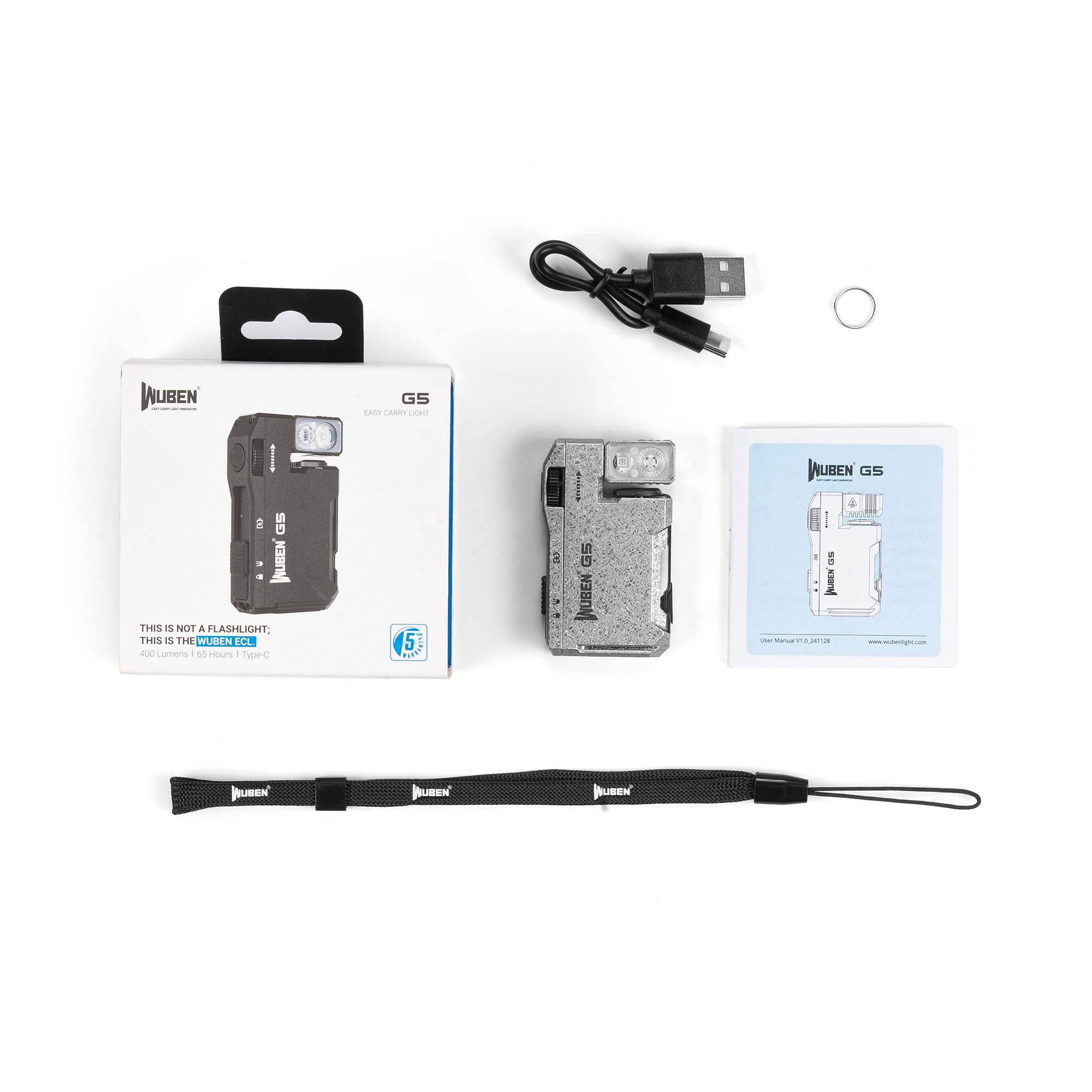 Wuben G5 EDC-Taschenlampe mit Verpackung, USB-Kabel, Handbuch und Schlüsselband auf weißem Grund.