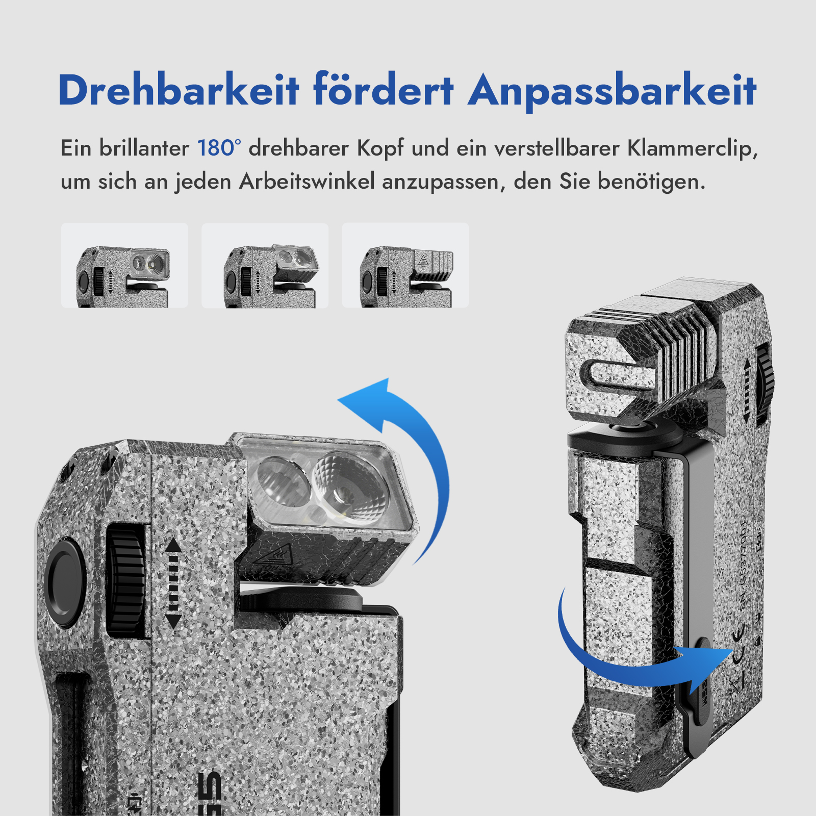 Ein graues Feuerzeug mit 180-Grad drehbarem Kopf und verstellbarem Clip, gezeigt mit blauen Bewegungspfeilen.