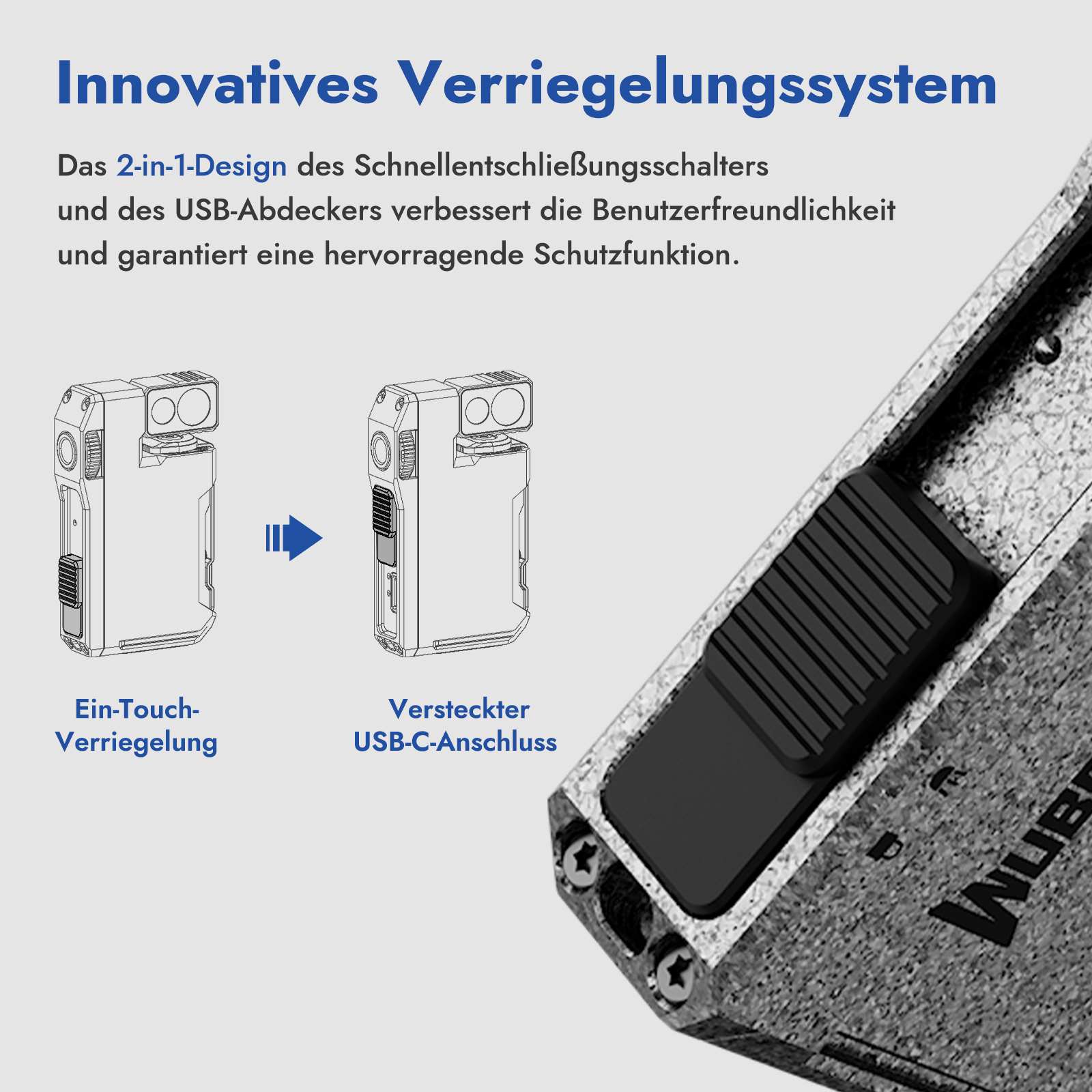 Diagramm zeigt das innovative Verriegelungssystem mit Ein-Touch-Verriegelung und verstecktem USB-C-Anschluss.