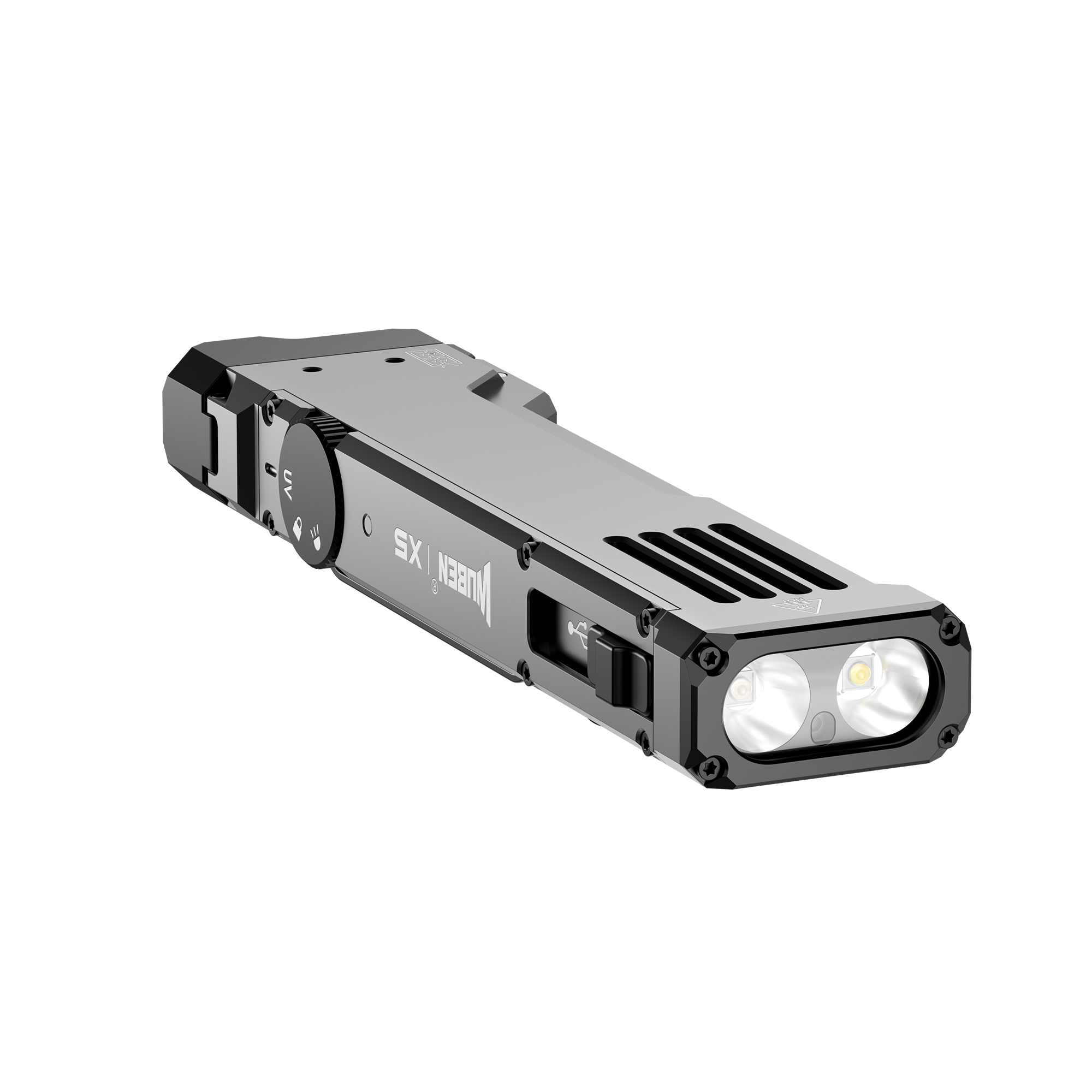 Eine kompakte, rechteckige Taschenlampe in Schwarz und Grau mit zwei vorderen LED-Linsen vor weißem Hintergrund.