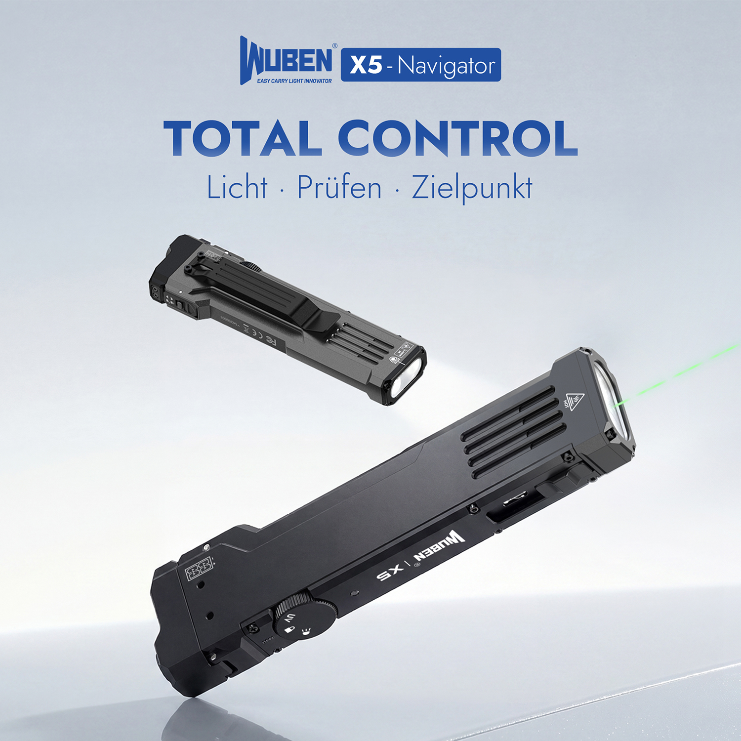 Werbebild für Wuben X5 Navigator Taschenlampe mit blauem Text.