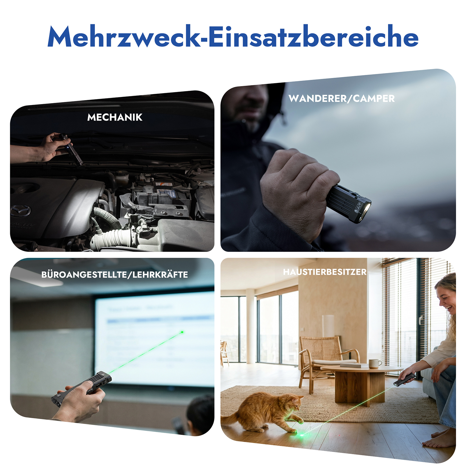 Vier Bilder zeigen vielseitige Einsätze einer Taschenlampe: Mechanik, Wandern, Büro und Haustiere.