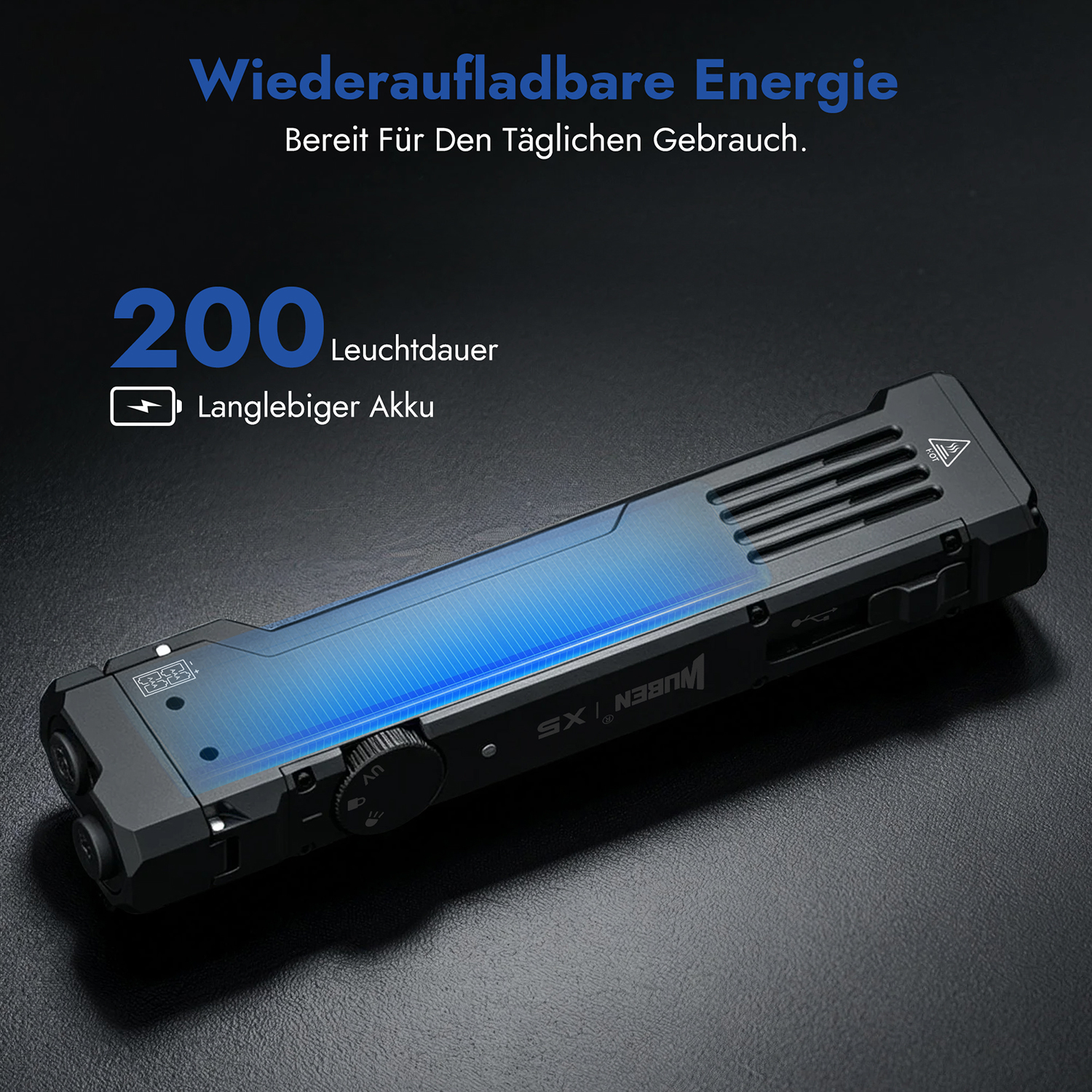 Wiederaufladbare Taschenlampe auf dunklem Untergrund mit deutschem Text und Grafiken.