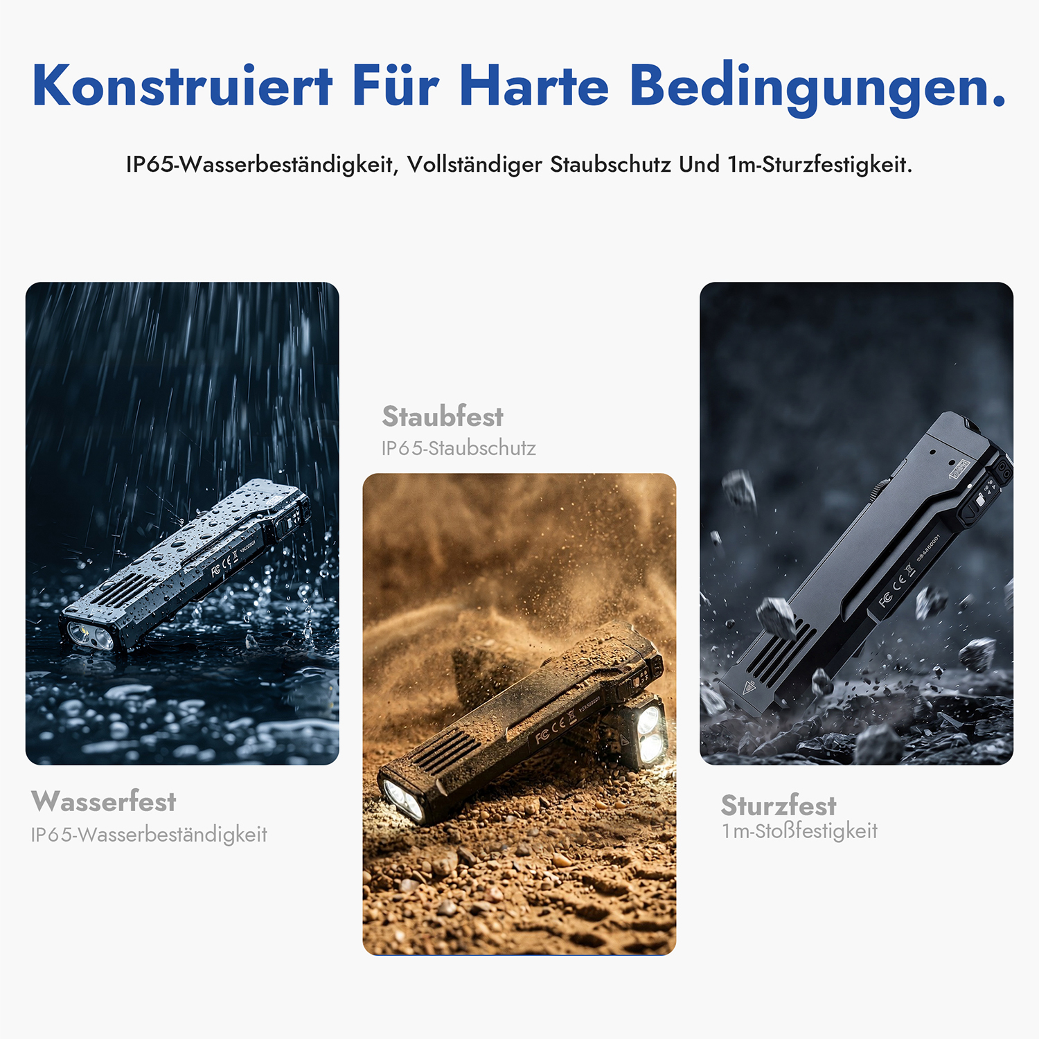 Drei Bilder einer schwarzen, wasser-, staub- und stoßfesten Taschenlampe mit deutschem Text oben und unten.