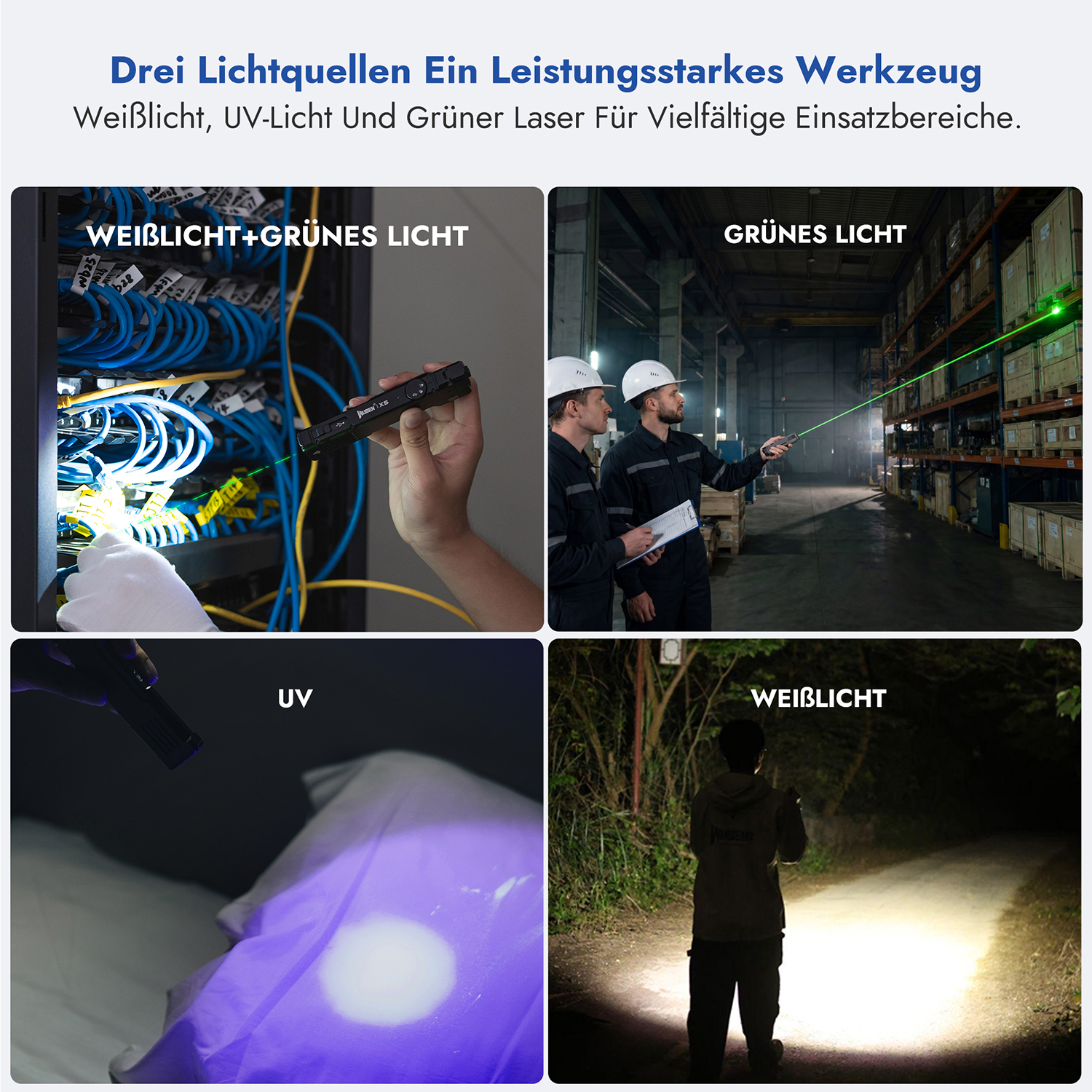 Vier Bilder zeigen eine Mehrzweck-Taschenlampe mit weißem Licht, grünem Laser und UV-Licht in verschiedenen Einsätzen.