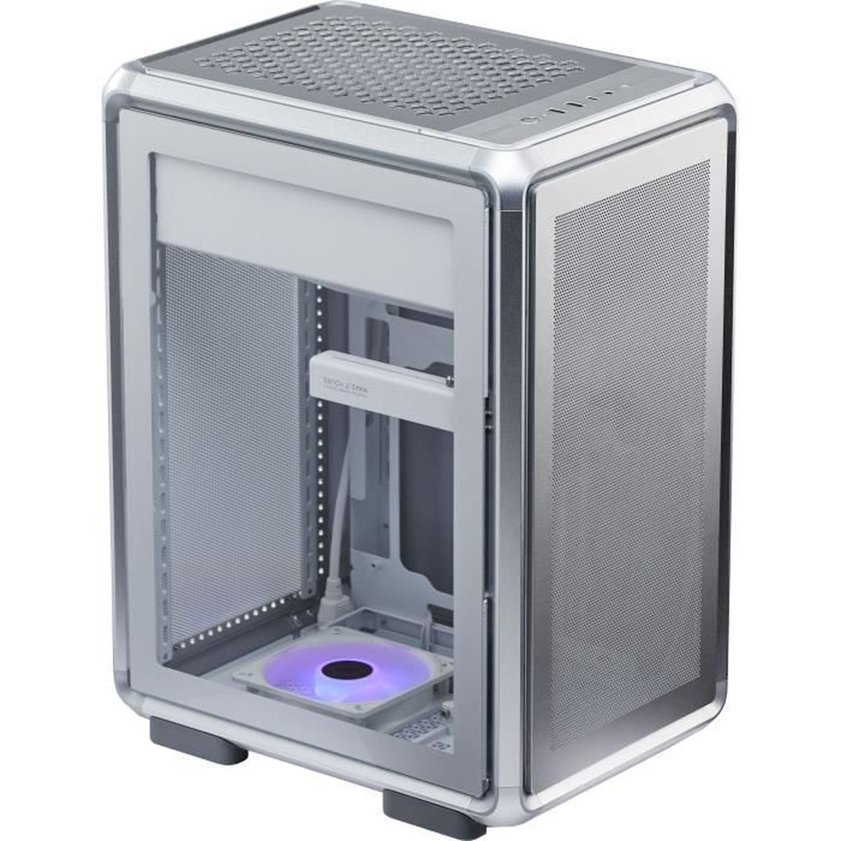 Alt kısımda RGB fan ve örgü panelleri olan gümüş ve beyaz renkli bilgisayar kasası.