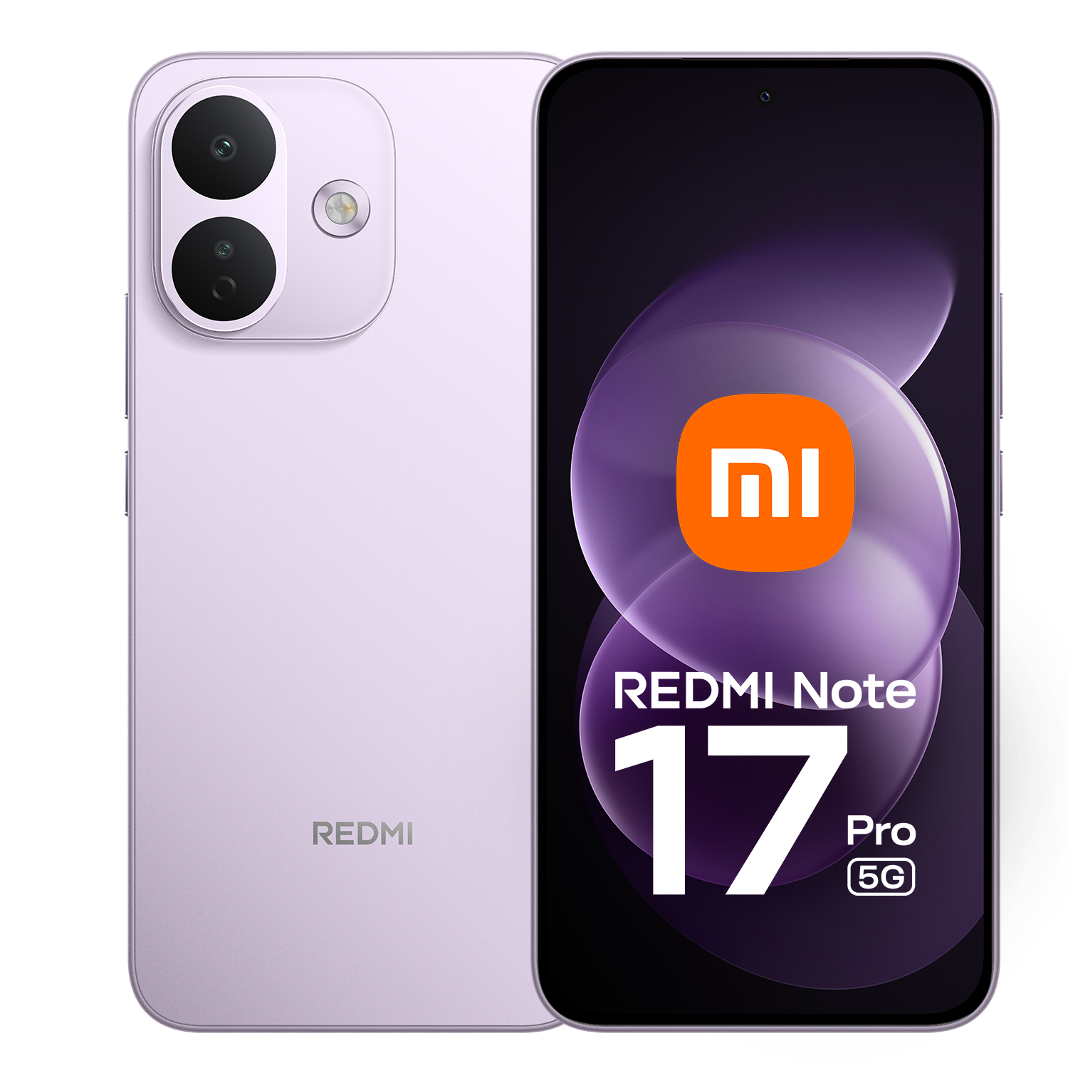 Deux smartphones violet clair, lun montrant le double appareil photo à larrière et lautre lécran Redmi Note 17 Pro 5G.