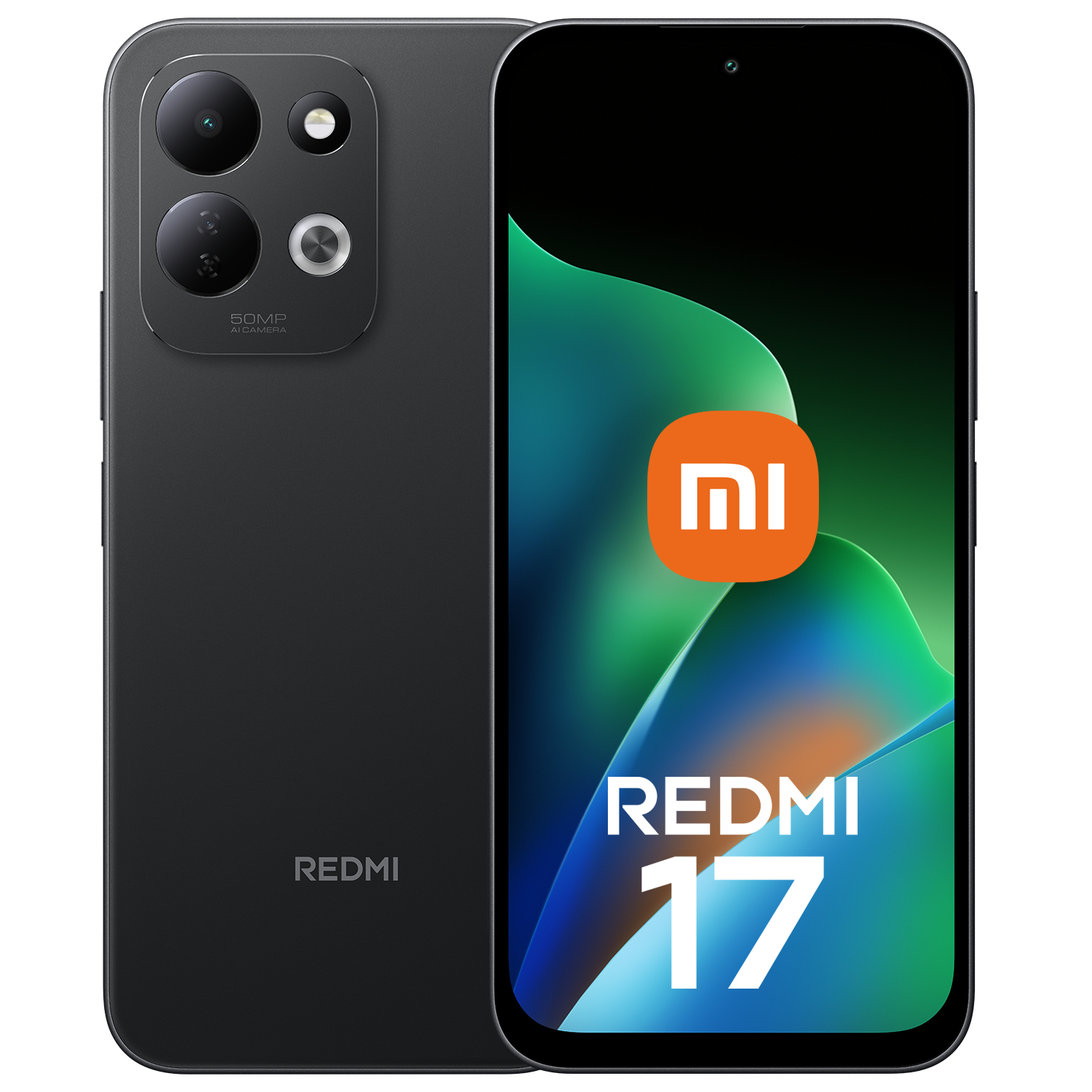 Schwarzes Redmi 17 Smartphone, Vorder- und Rückseite gezeigt, mit 50MP Kamera und Xiaomi Logo auf dem Display.
