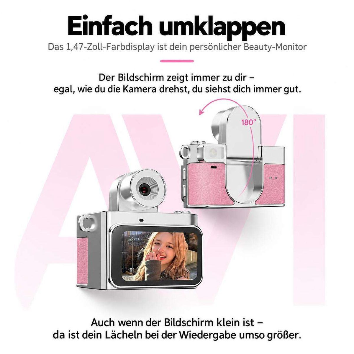 Pinke Kompaktkamera mit umklappbarem 180-Grad-Display zeigt eine Frau auf dem Bildschirm.
