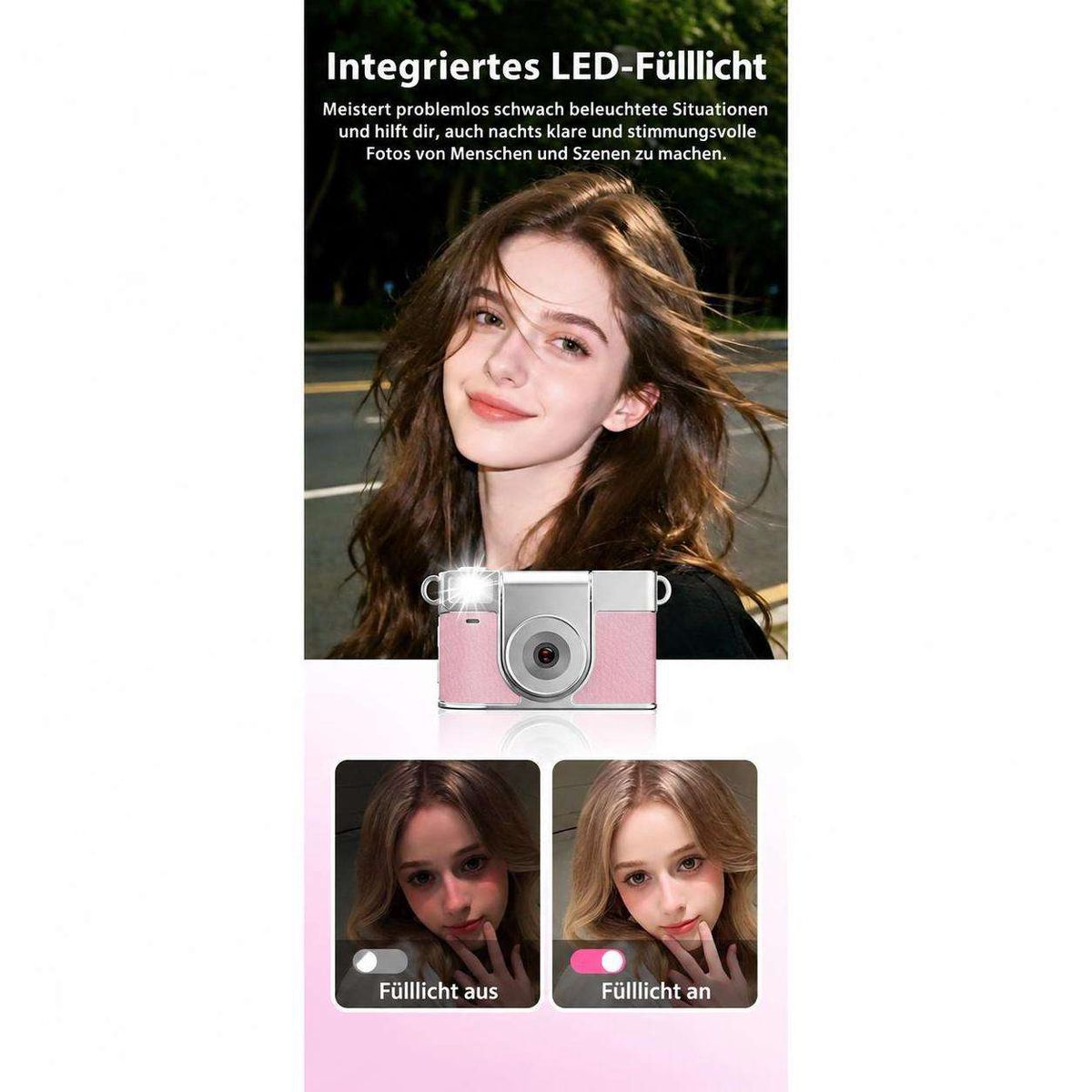 Eine junge Frau lächelt im Freien; unten eine pinke Kamera und ein Vergleich mit und ohne LED-Fülllicht.