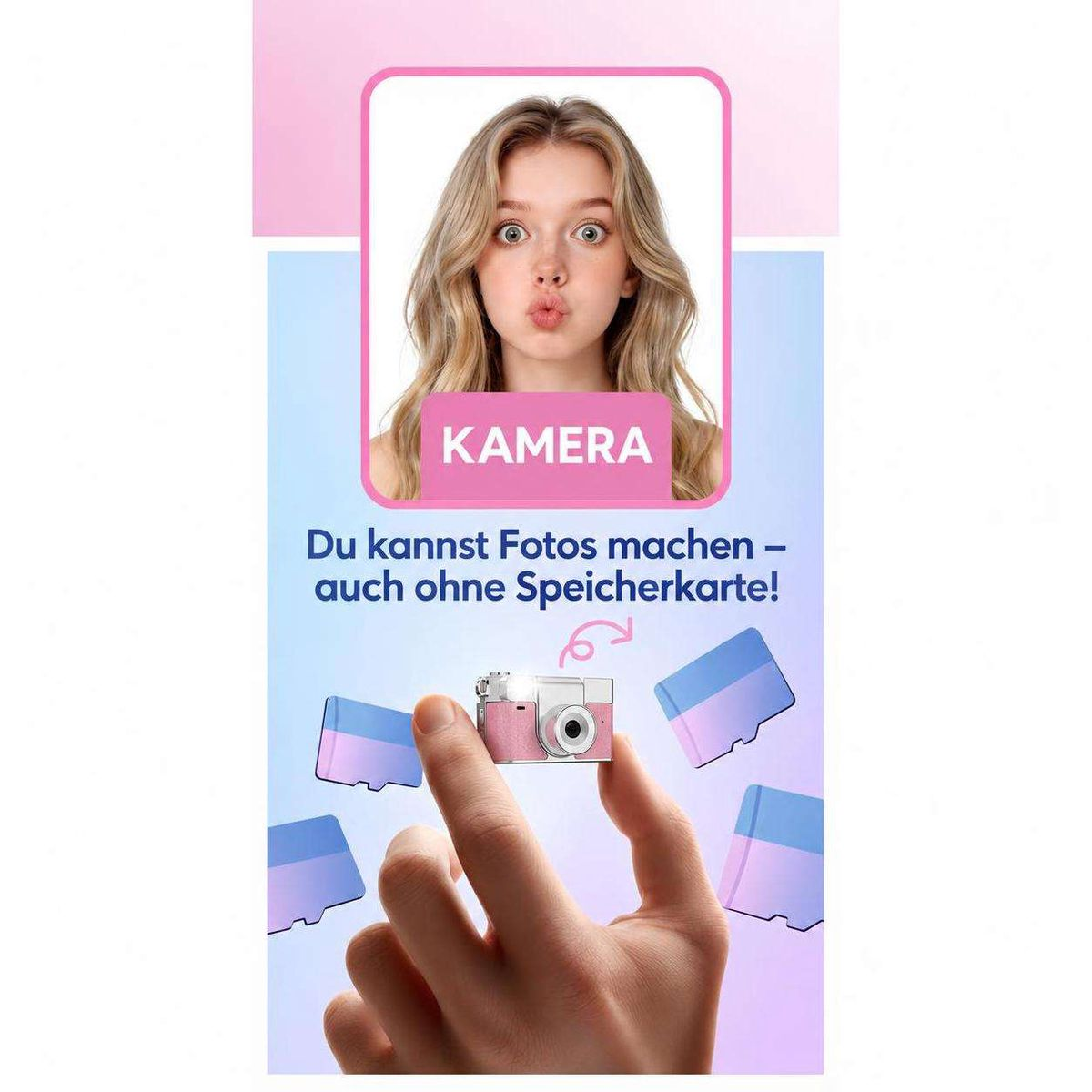 Eine Hand hält eine kleine rosafarbene Kamera umgeben von Speicherkarten und deutschem Text.