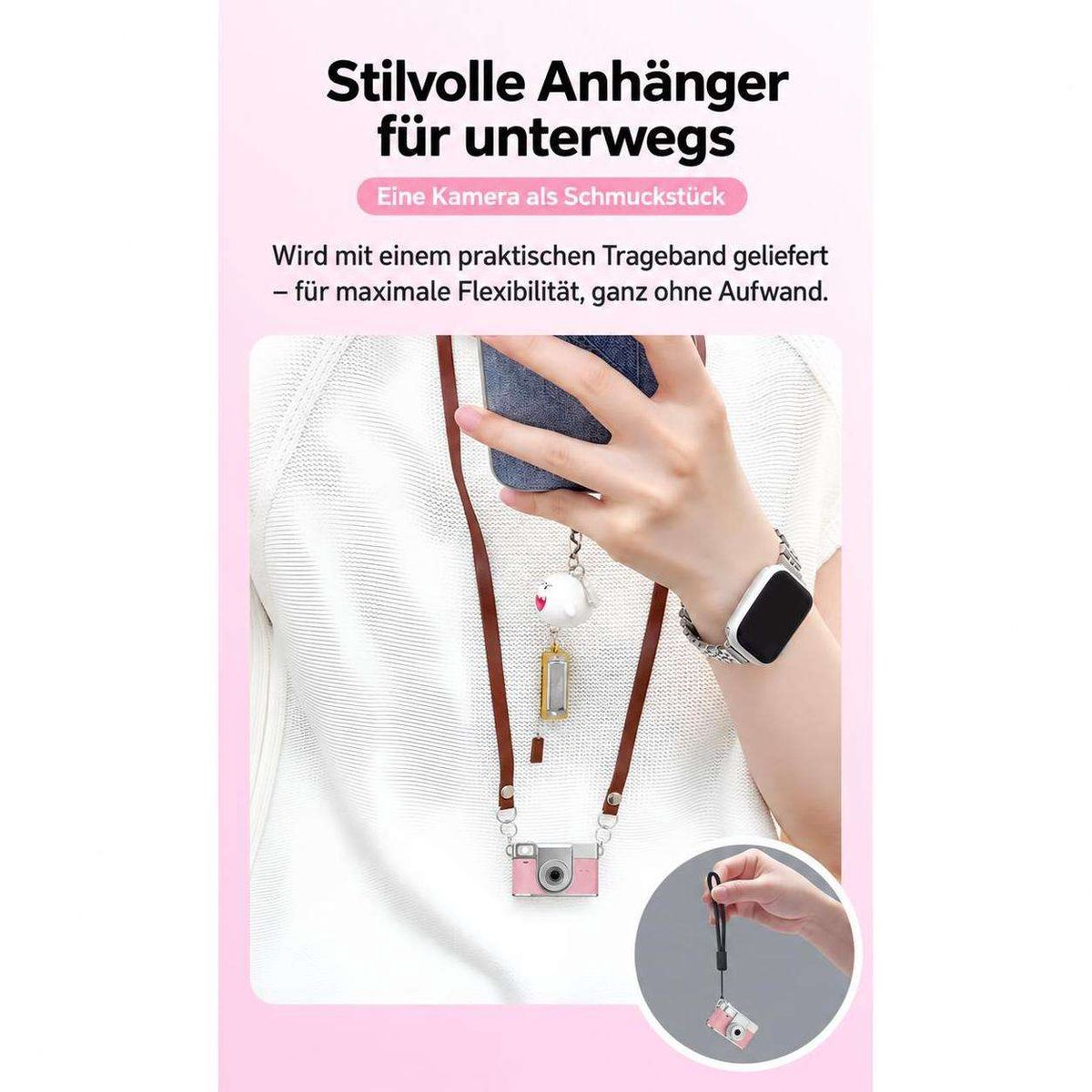 Eine Hand trägt eine kleine Kamera als Anhänger an einem Lederband um den Hals, mit Text und Inset-Bild.