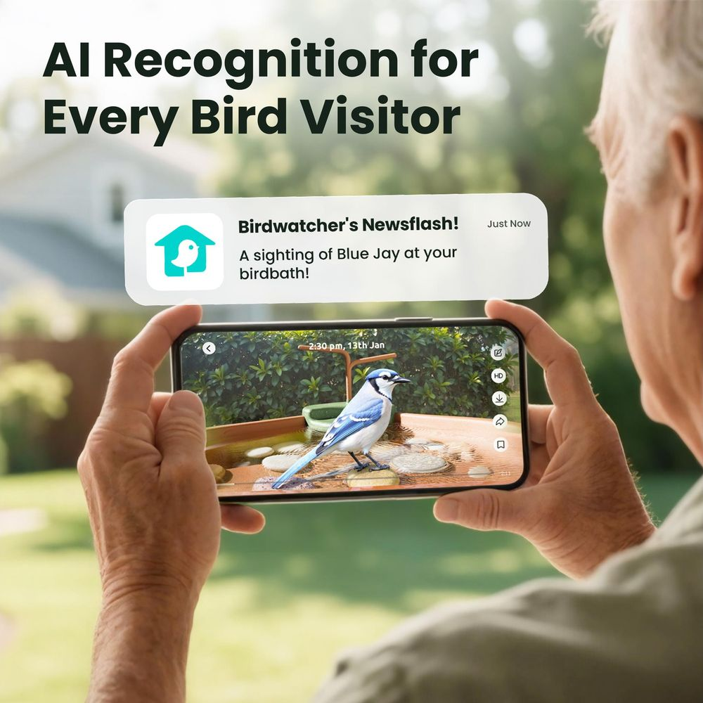 Ein Mann hält ein Smartphone, das eine Vogelbeobachtungs-App mit einer Benachrichtigung über einen Blauräher zeigt.