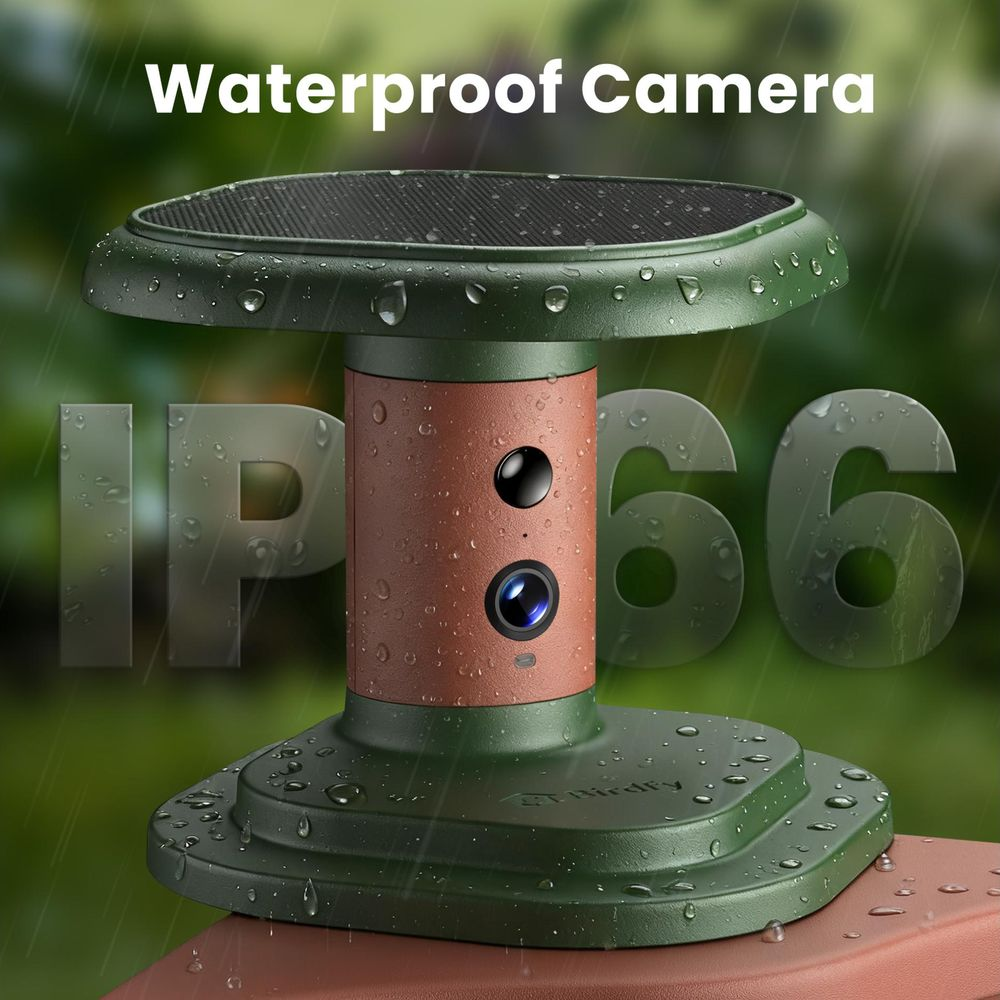Eine wasserdichte grüne und braune IP66-Kamera mit Wassertropfen vor verschwommenem grünem Hintergrund.