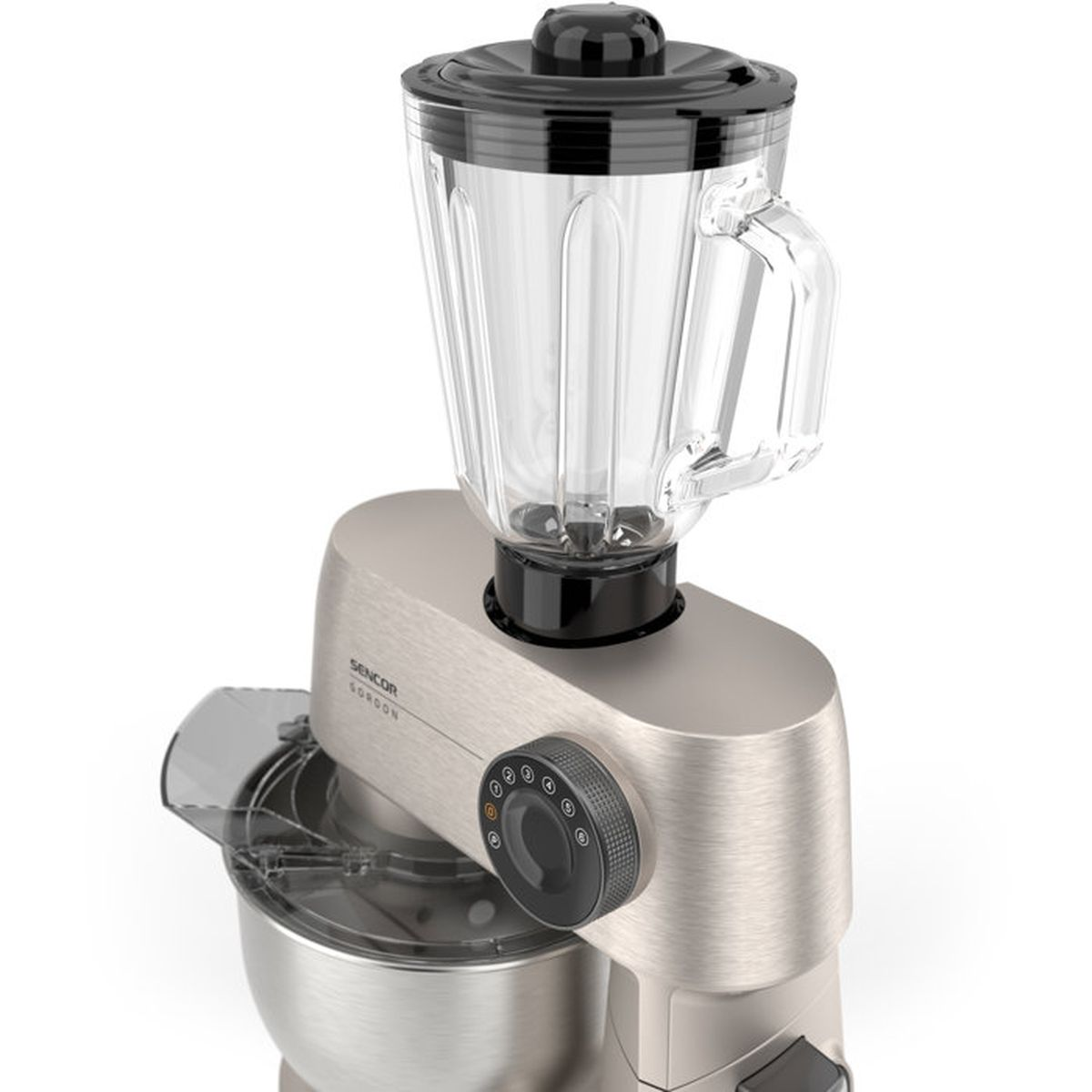 Eine champagnerfarbene Küchenmaschine mit Edelstahl-Rührschüssel und aufgesetztem Glasmixer.