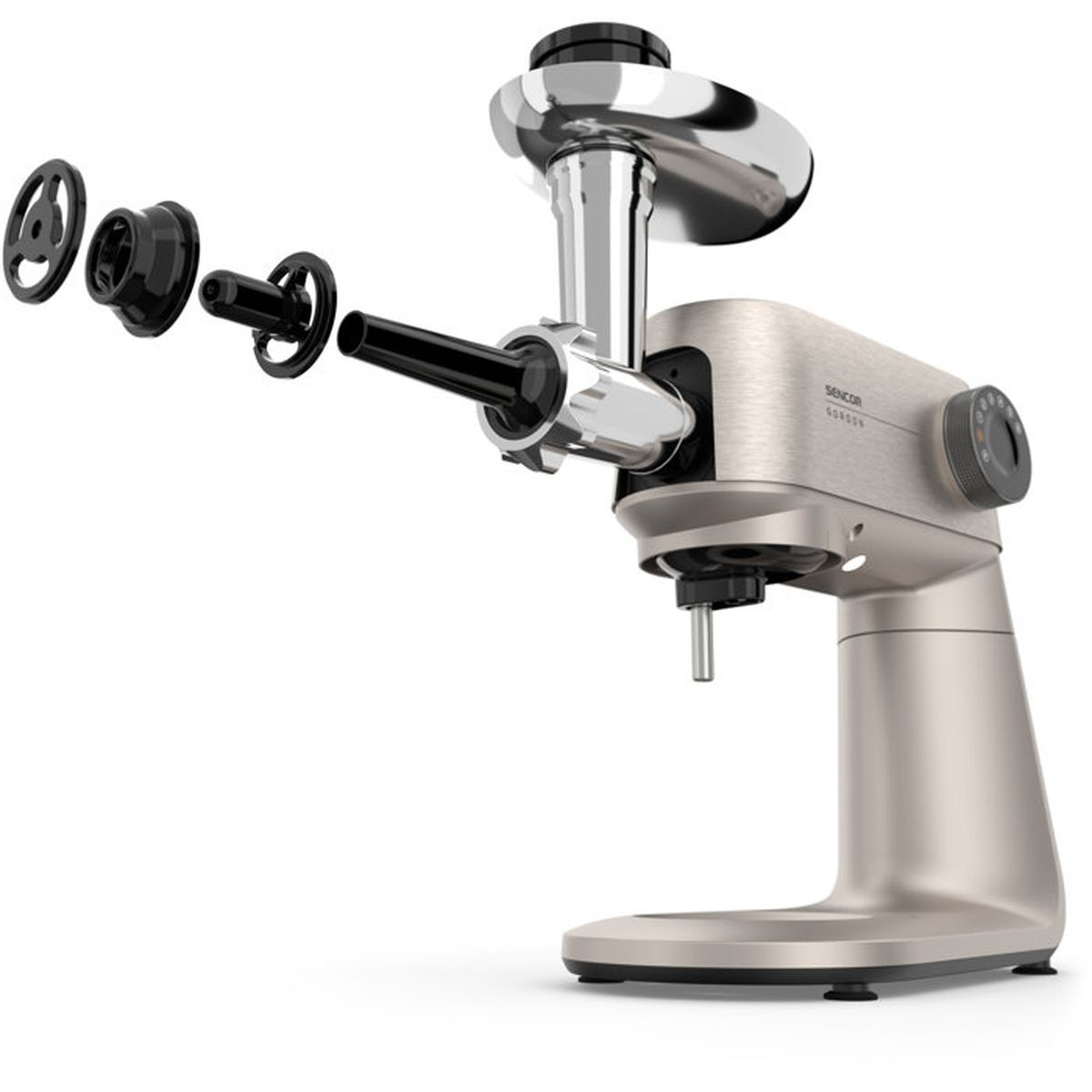 Eine beige multifunktionale Küchenmaschine mit Metallaufsatz und mehreren schwarzen und silbernen Zubehörteilen.