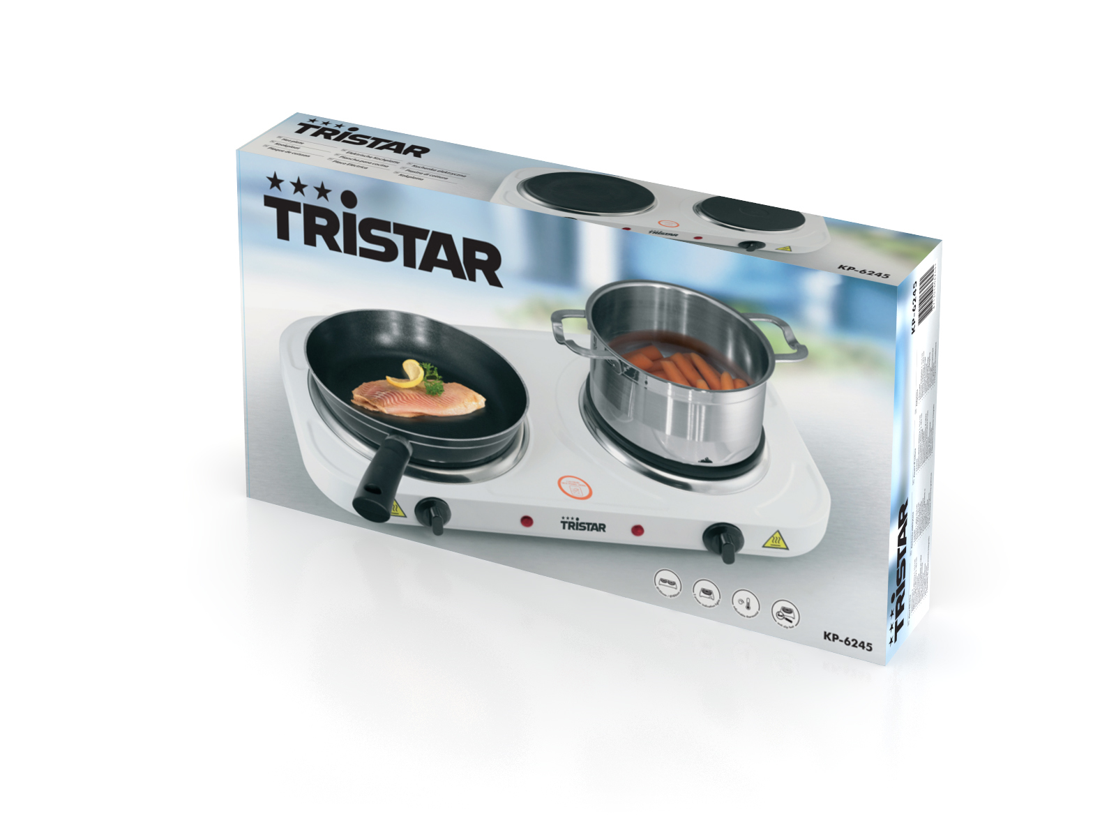Tristar Doppel-Kochplatte in weißer Box mit Pfanne und Topf darauf.