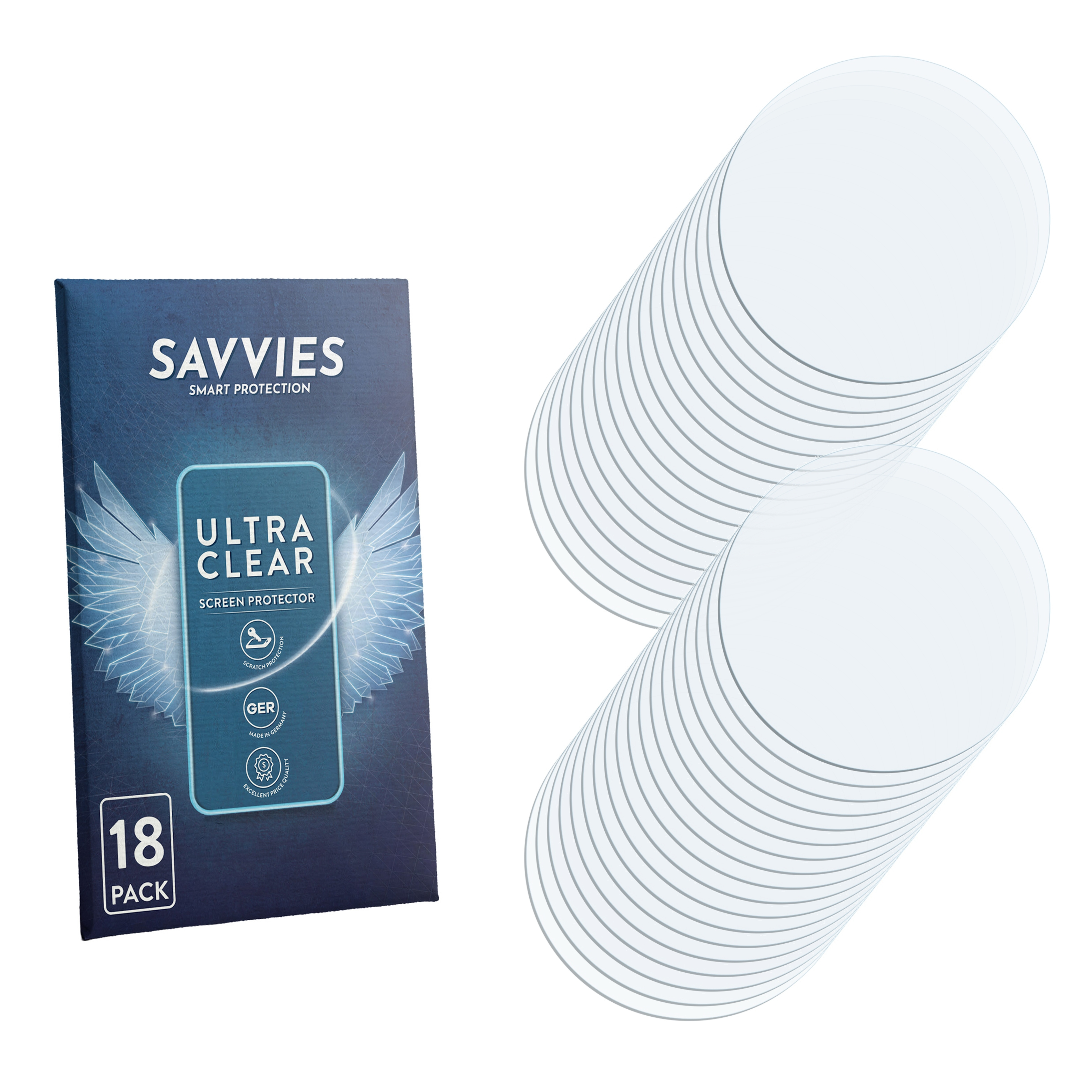 Savvies Ultra Clear Schutzfolie, 18er Packung mit runden Folien.