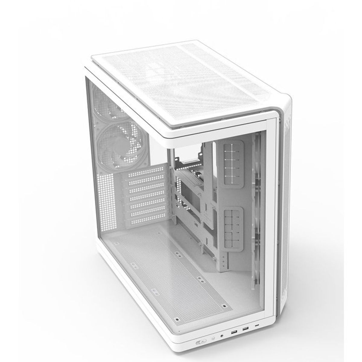 Ein weißes, leeres PC-Gehäuse mit Glasfront und Mesh-Elementen auf weißem Hintergrund.