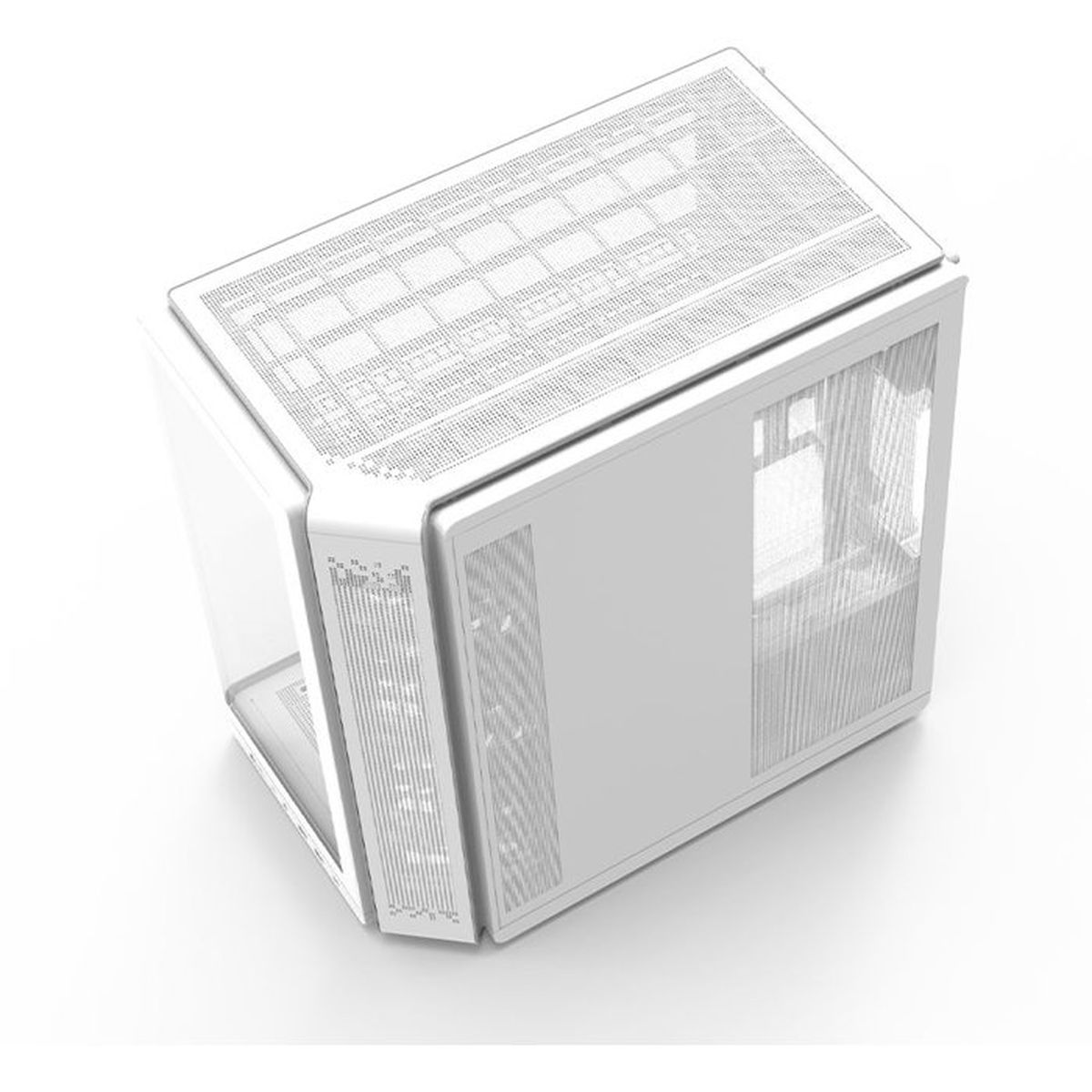 Ein weißes PC-Gehäuse mit Mesh-Oberseite und verglasten Seitenteilen steht auf weißem Grund.