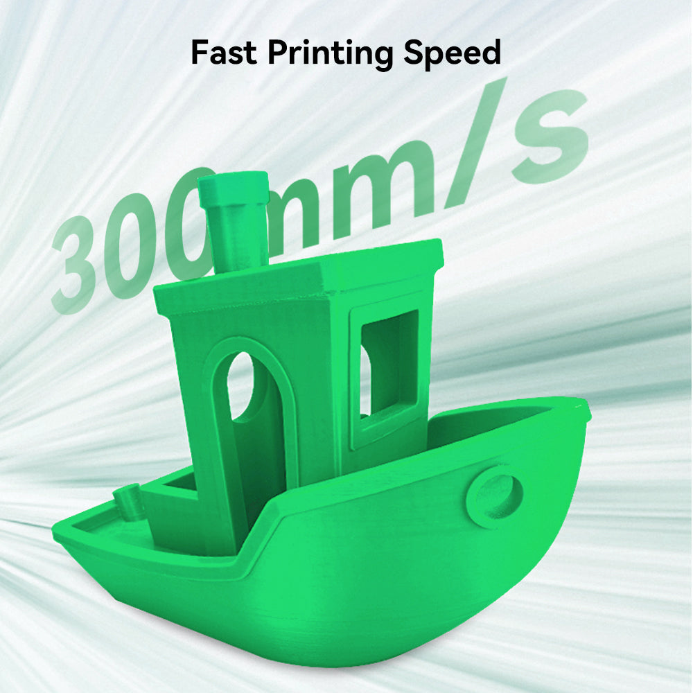 Un bote verde impreso en 3D con el texto 300 mm/s sobre un fondo claro de rayas.