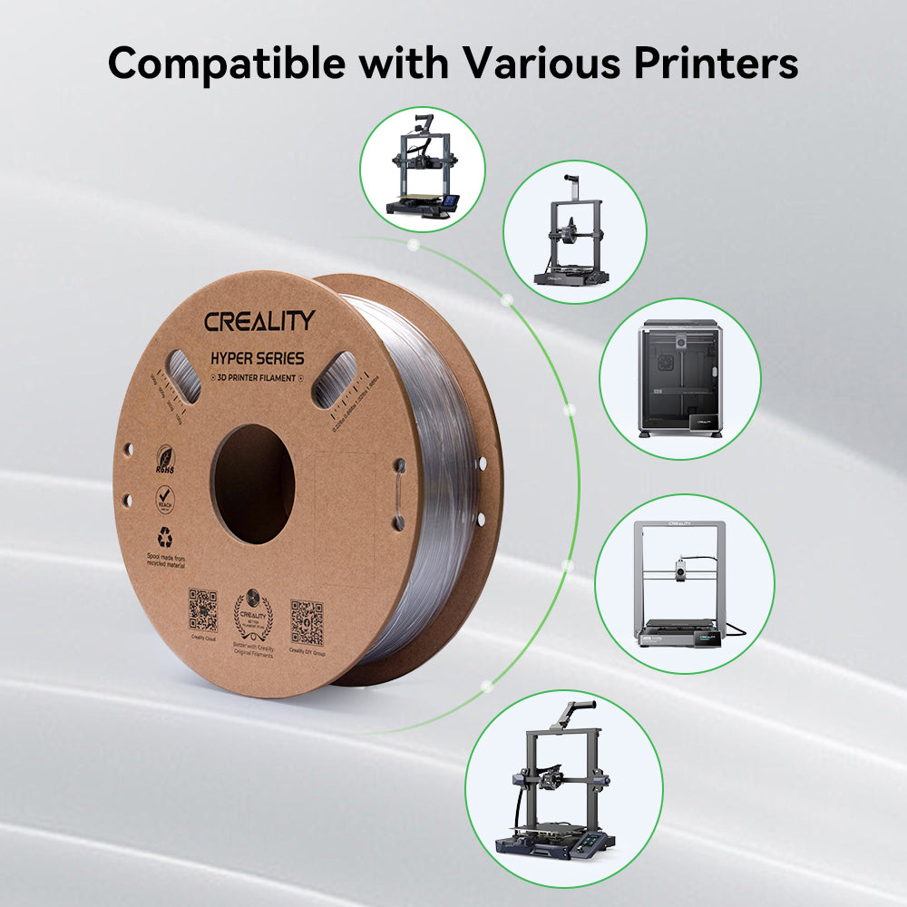 Una bobina de filamento para impresora 3D Creality Hyper Series con iconos de varias impresoras.