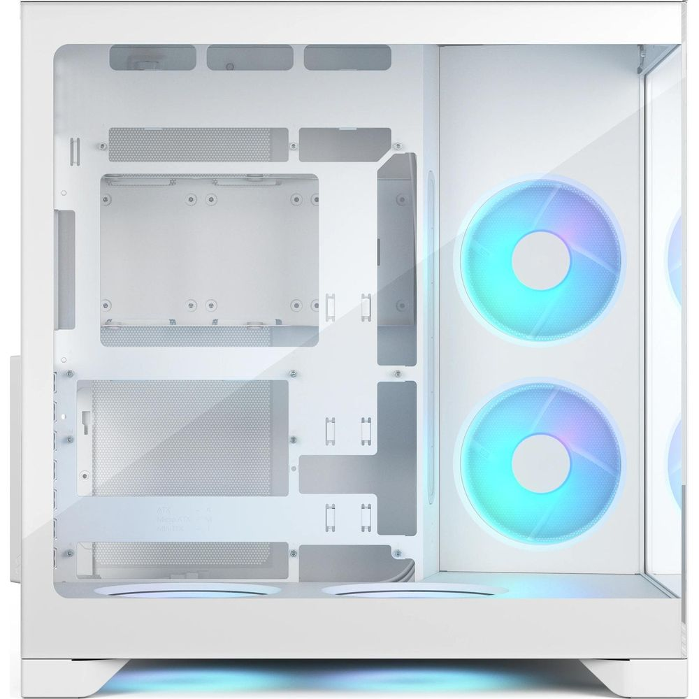 Un boîtier de PC blanc vide avec deux ventilateurs RVB cyan et violet lumineux à droite.