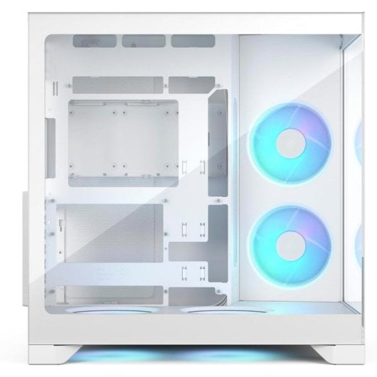 Un boitier PC blanc vide avec deux ventilateurs éclairés en bleu sur le côté et un panneau latéral transparent.