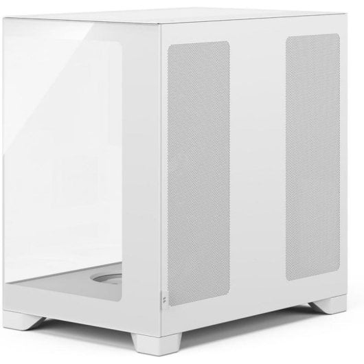 Un boitier PC blanc avec une vitre laterale et deux fentes d'aeration en maille a droite, sur fond blanc.