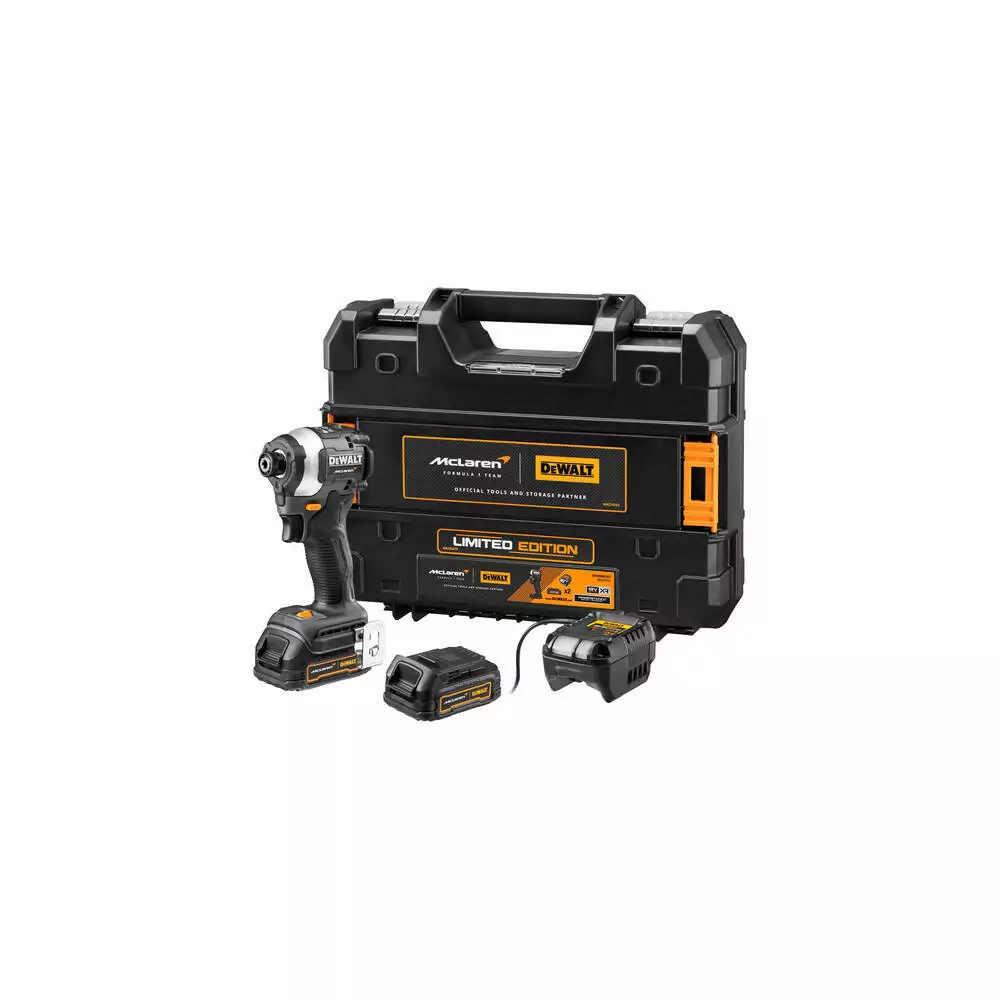 DeWalt McLaren Limited Edition Akku-Schlagschrauber mit Koffer, zwei Akkus und Ladegerät vor weißem Hintergrund.