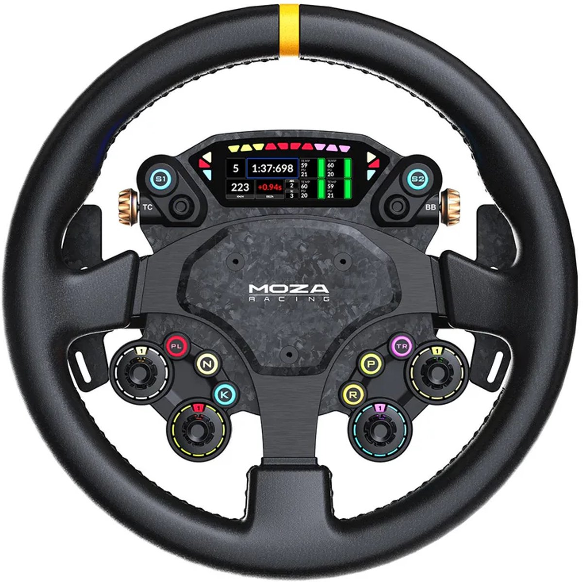 Black Moza Racing steering wheel featuring buttons, a central display, and a top yellow marker.