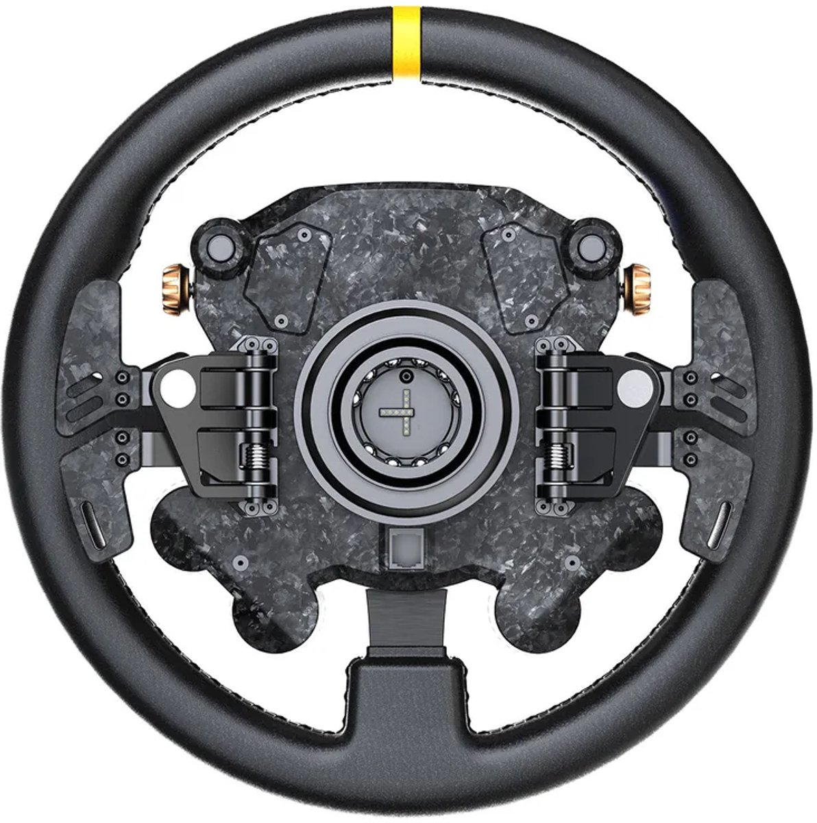 A black carbon racing steering wheel with buttons and gold rotary dials against a white background.