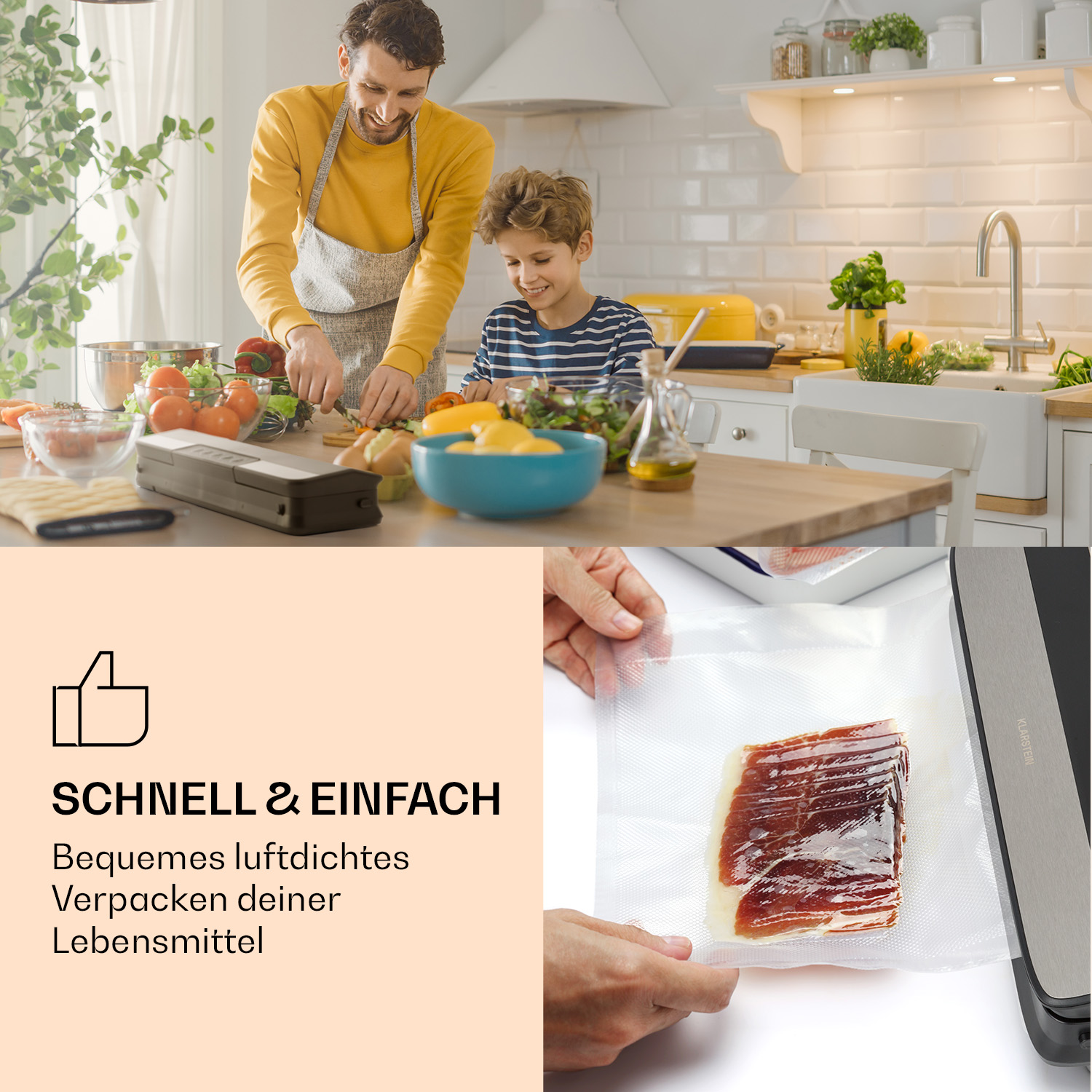 Vater und Sohn kochen gemeinsam in einer hellen Küche; daneben wird Fleisch vakuumverpackt.
