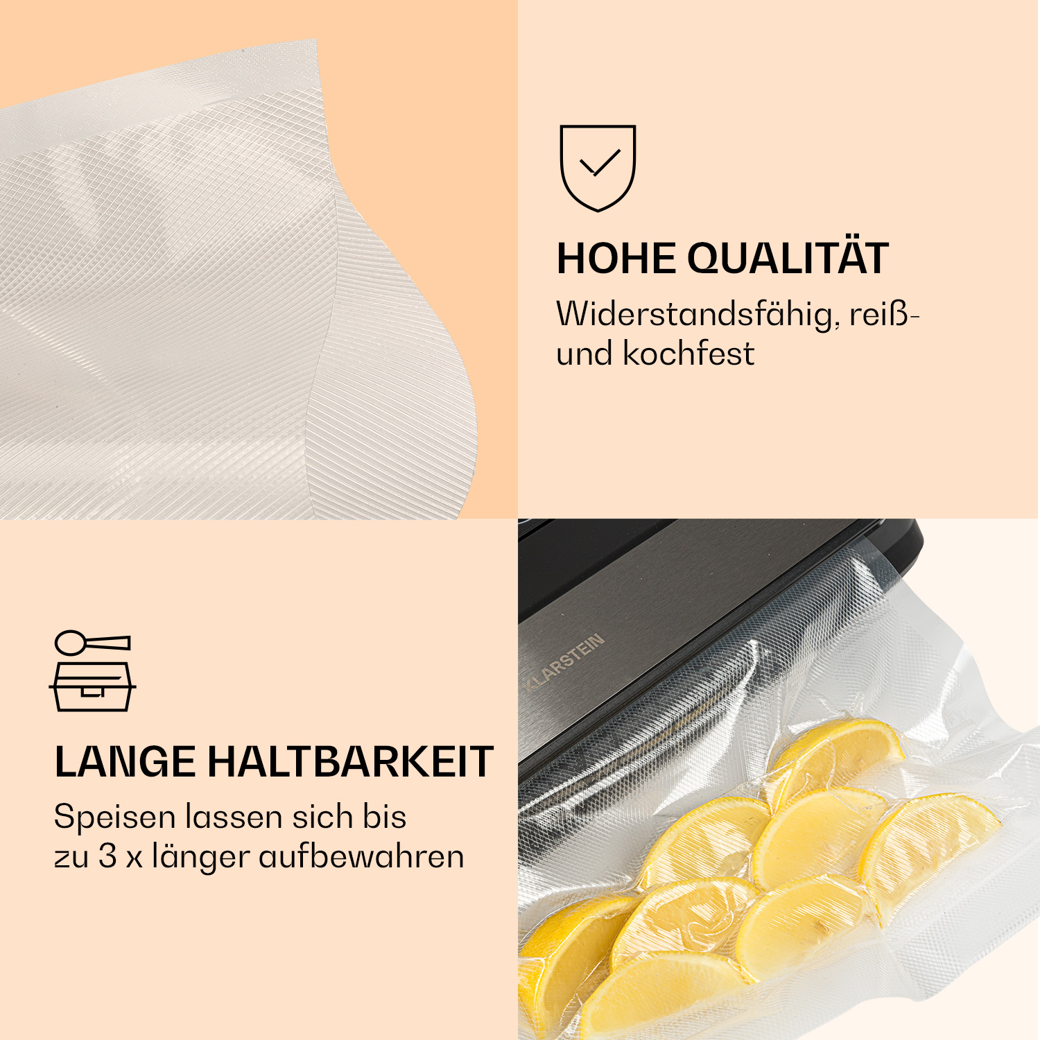Vierteiliges Bild zeigt Vakuumbeutel, Qualitäts- und Haltbarkeitsinfos sowie Zitronenscheiben im Vakuumierer.