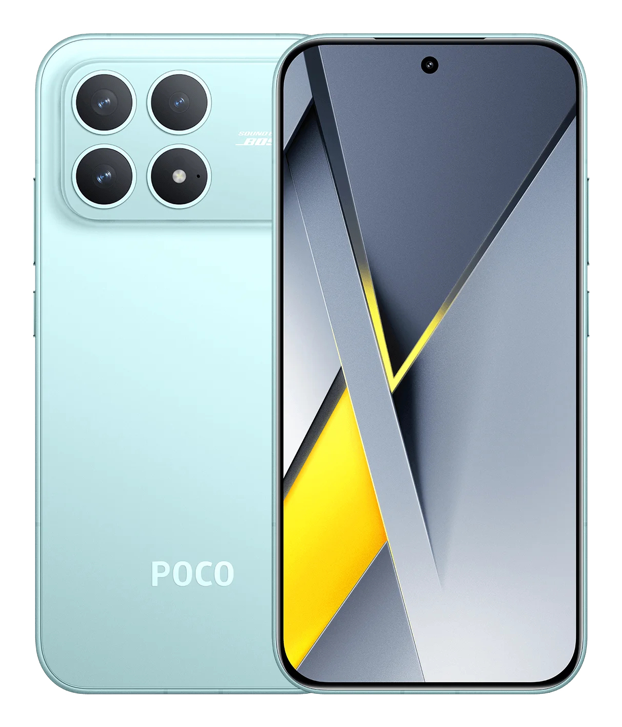 Smartphone Poco azzurro, vista anteriore e posteriore con quattro fotocamere.